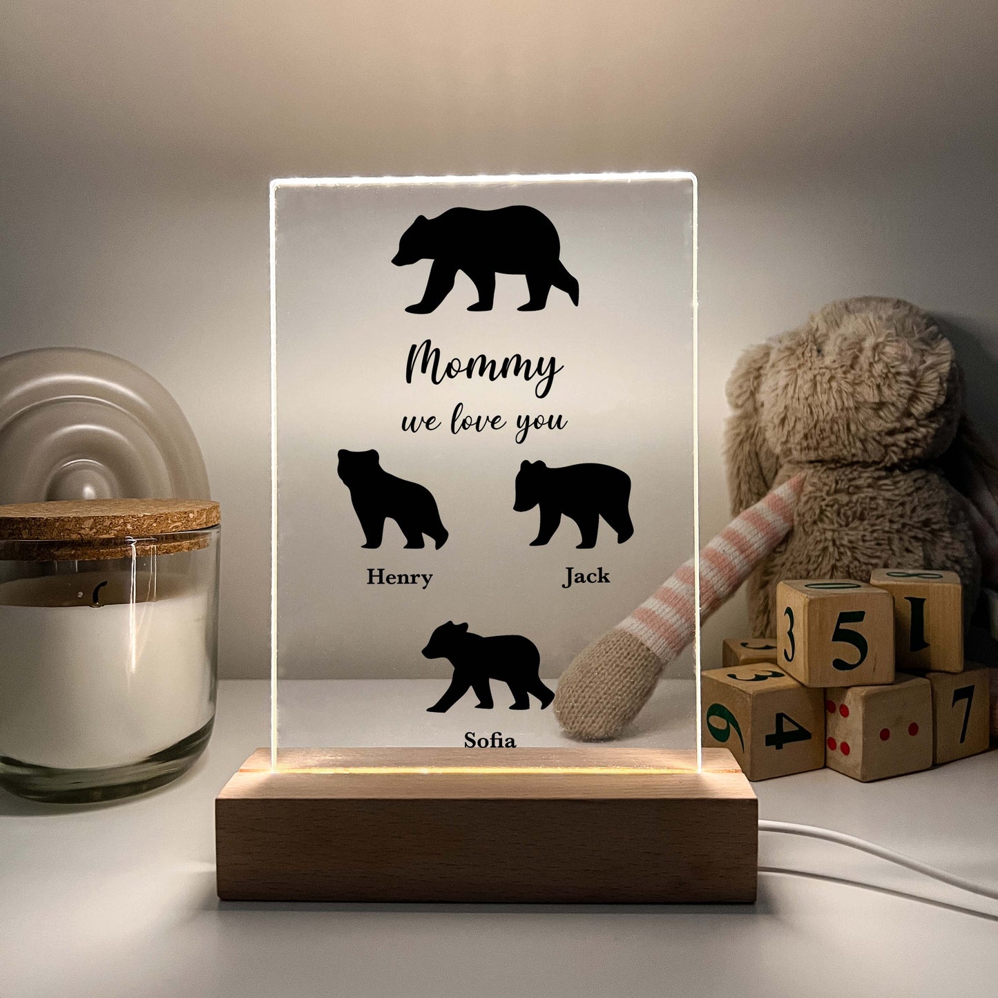 Family Bears LED Night Light Up Table Lamp with Wooden Desk, Gift for Parents & Grandparents, Family Keepsake Gift, Family Christmas Gifts