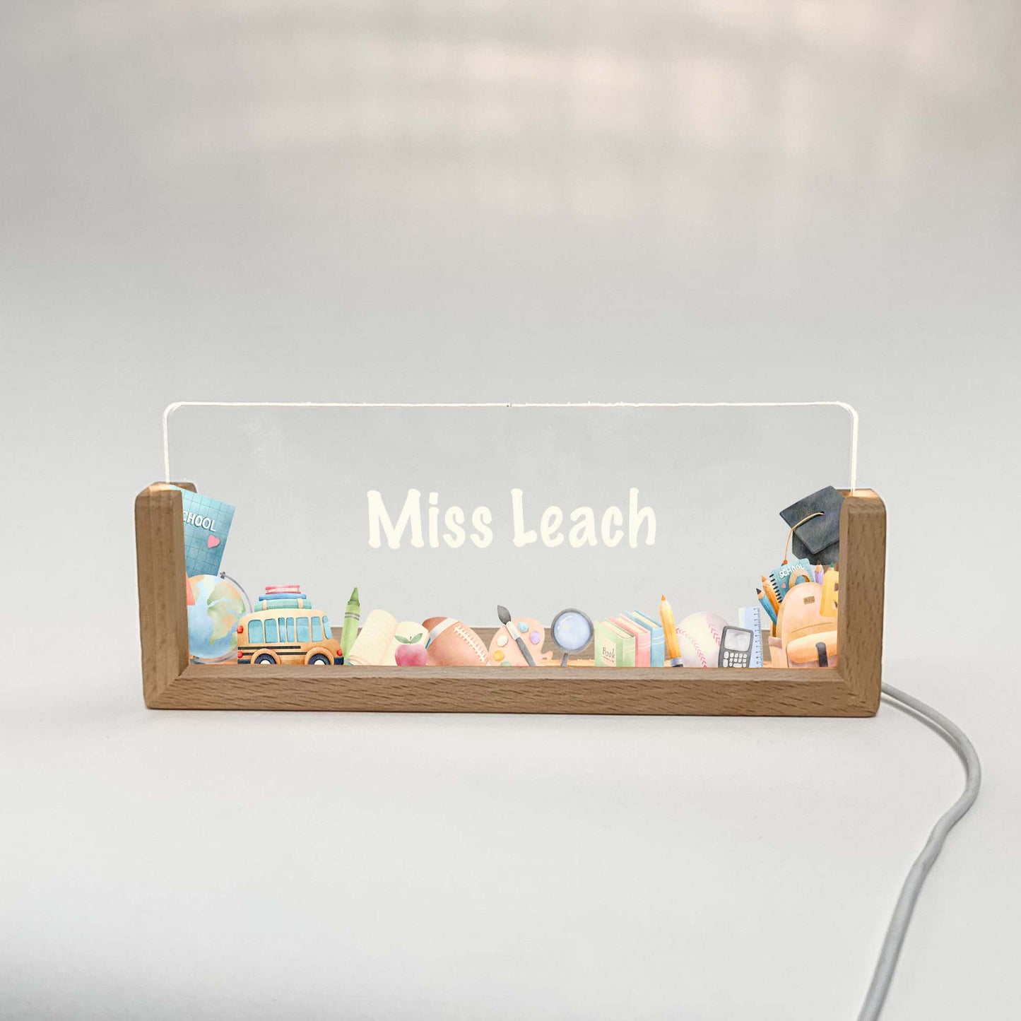 Personalized Teacher School Classroom Desk Name Plate With Wooden Base, Lighted LED Light Nameplate, Desk Accessories, Teacher Gifts