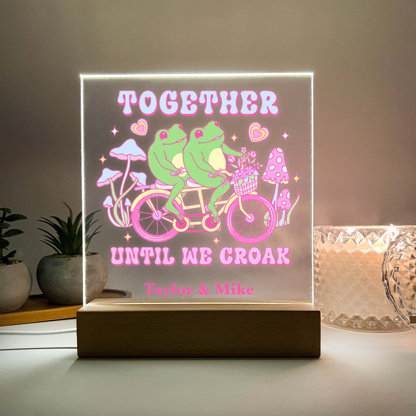 Personalized Love Together Frogs Wood Desk Stand Light Up LED Lamp,  Heart Valentines Gift,  Couples gift, Gift for Her, Anniversary Gift