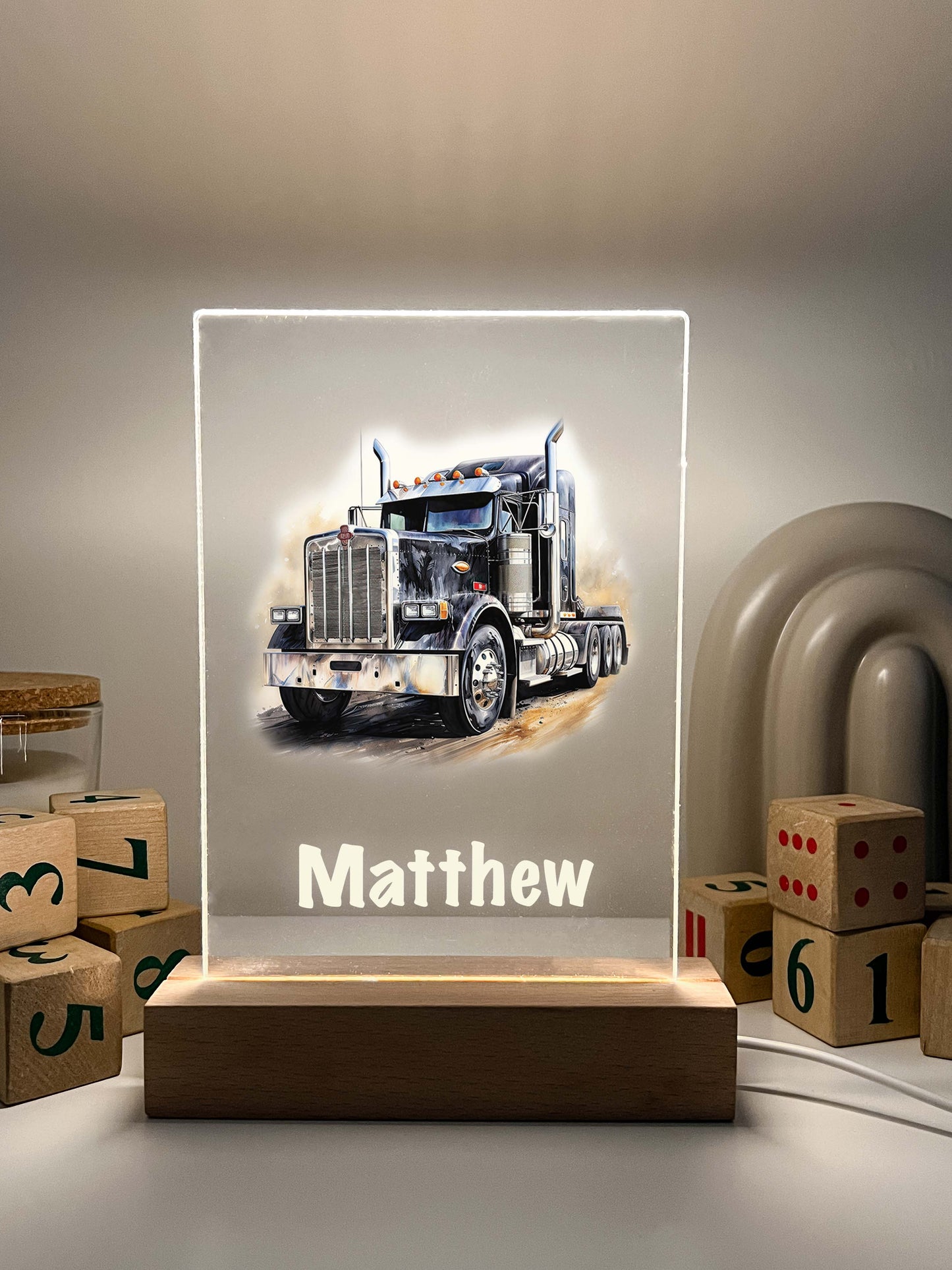 Personalized LED Wood Stand Night Light Up Table Lamp Boys Room Decor Heavy Duty Semi Truck Tractor Trailer, 18 Wheeler, Trucker's Best Gift