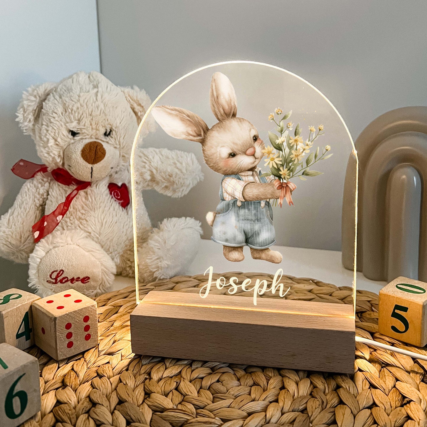 Too Cute To Resist Bunny Rabbit Night Light Up Table Lamp Wood Base LED Personalized Kids Childs Room Gift, Bedroom Decor, Boys Night Light