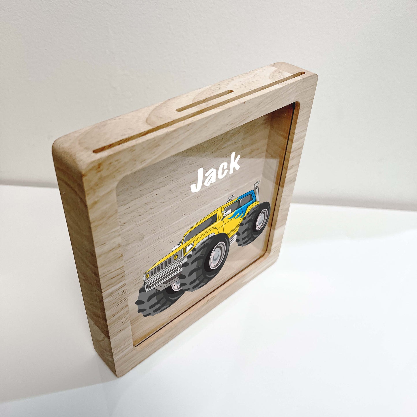 Personalized Savings Piggy Bank Boys Room Decor Custom Name Money Box Monster Jam Truck 4x4 Jumps & Stunts Heavy Duty Equipment Themed Gift