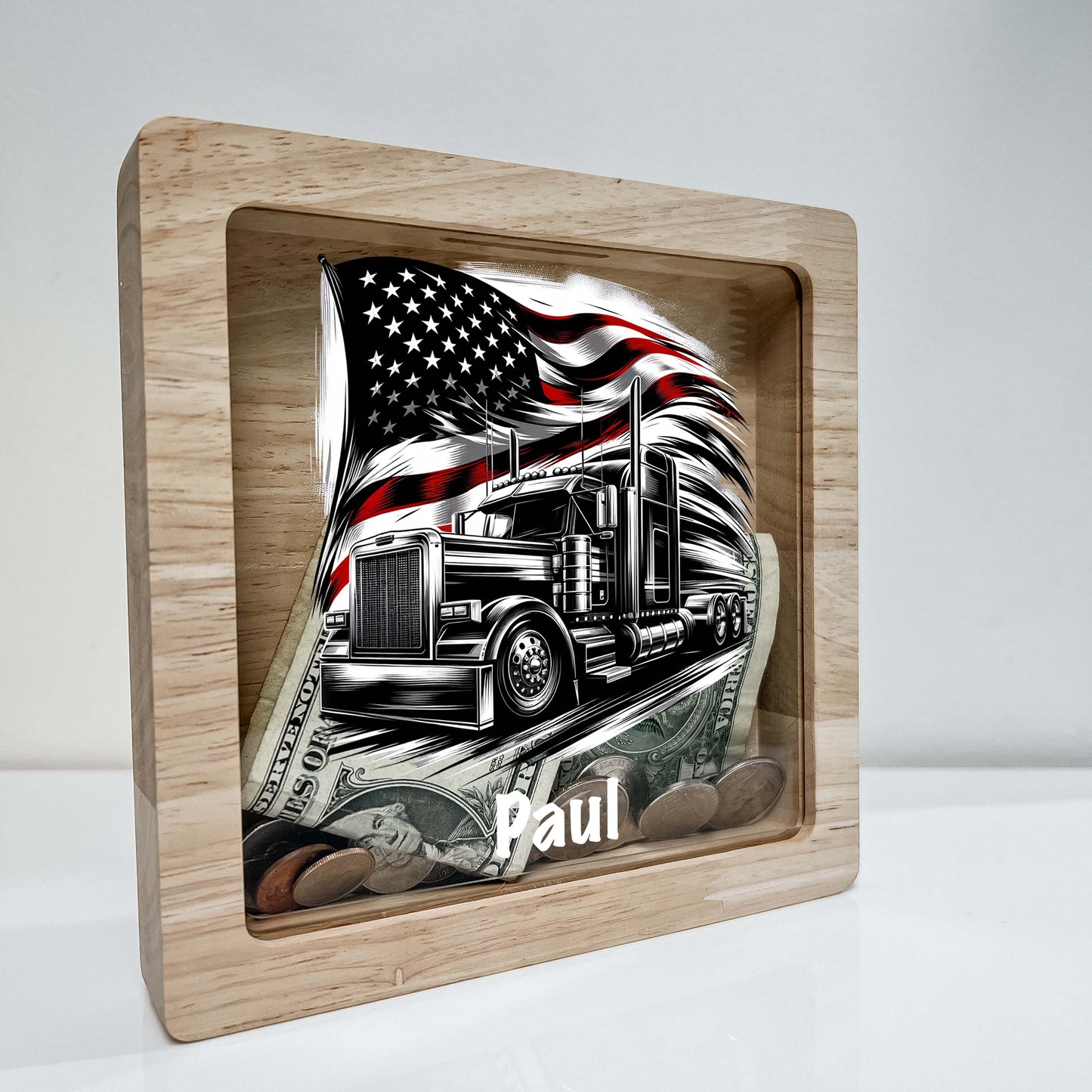 Personalized Savings Bank Boys Custom Money Box Semi Tractor Trailer American Flag USA Trucking 18 Wheeler Truck Heavy Equipment Themed Gift