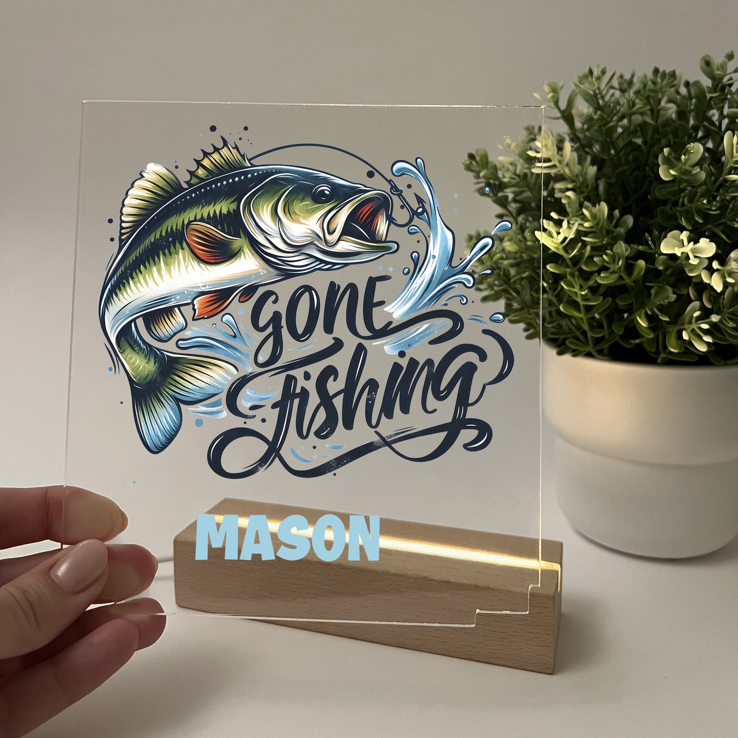 Gone Fishing Night Light Up Desk Table Wooden Stand Room Decor Fish Frame, LED Night Lamp, Engraved Gift, Fishin' Theme, Personalized Free!