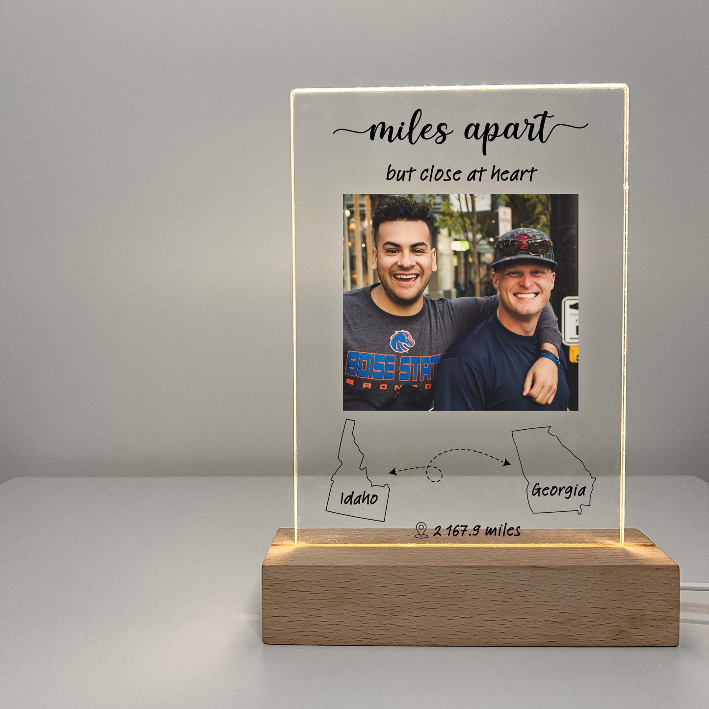 Long Distance Gift, Personalized Custom Photo LED Light with Wooden Base, Two State Gift, State To State Gift, Moving Away Gift, Friendship State, Friendship Distance, Christmas Gift, Long Distance Gift, Friendship