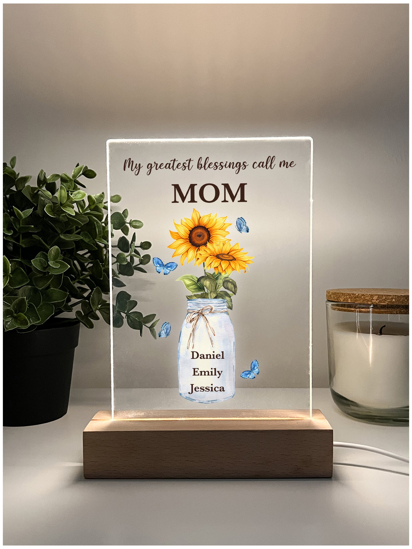 Custom LED Wood Stand Sunflower Personalized Gift Night Light Up Lamp My Greatest Blessings Call Me Mom, Mommy, Mother, & Children's Names