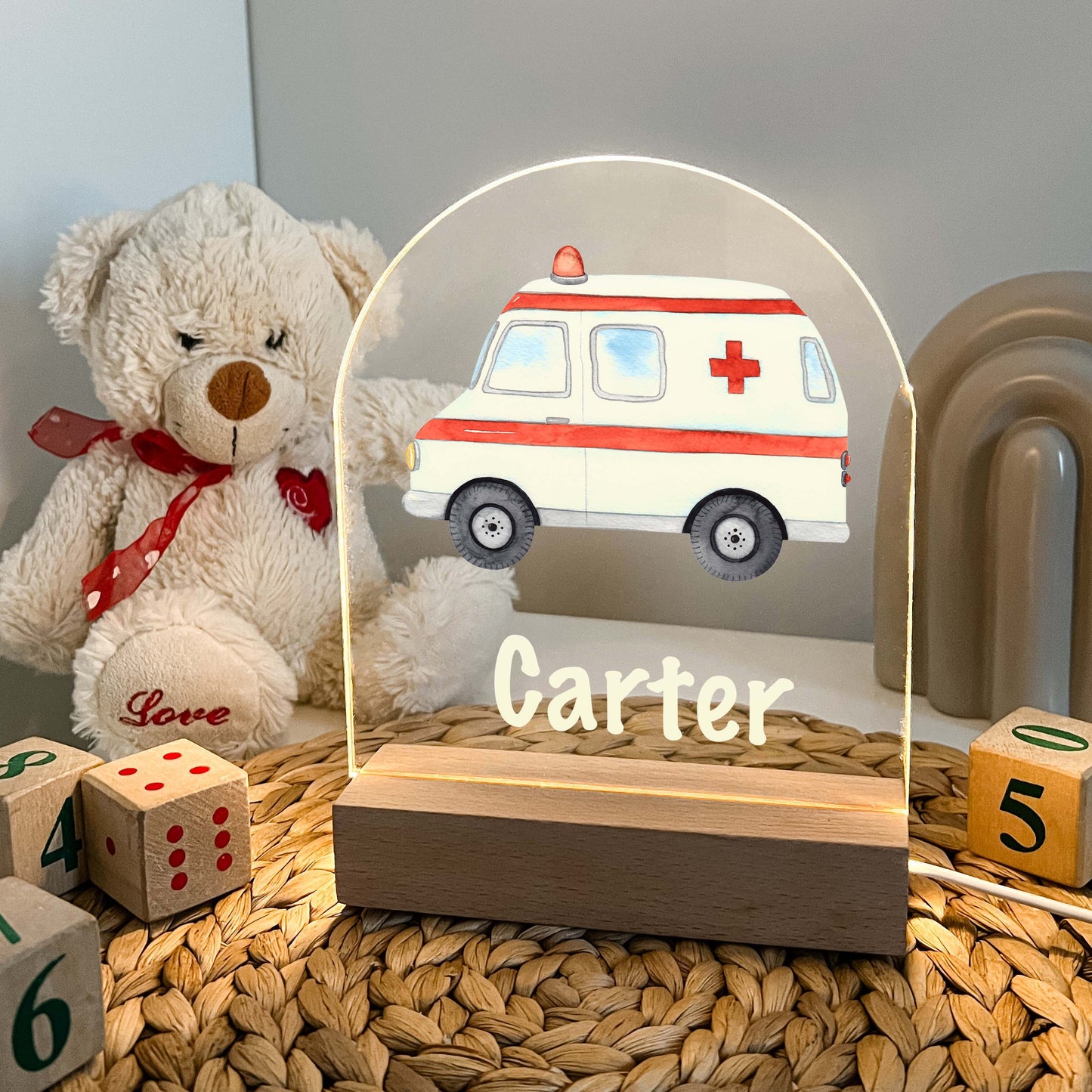 Personalized FREE Custom Ambulance Emergency Services Truck Night Light Up LED Lamp Kids Room, Nursery Gift, Bedroom Decor, Boys Night Light