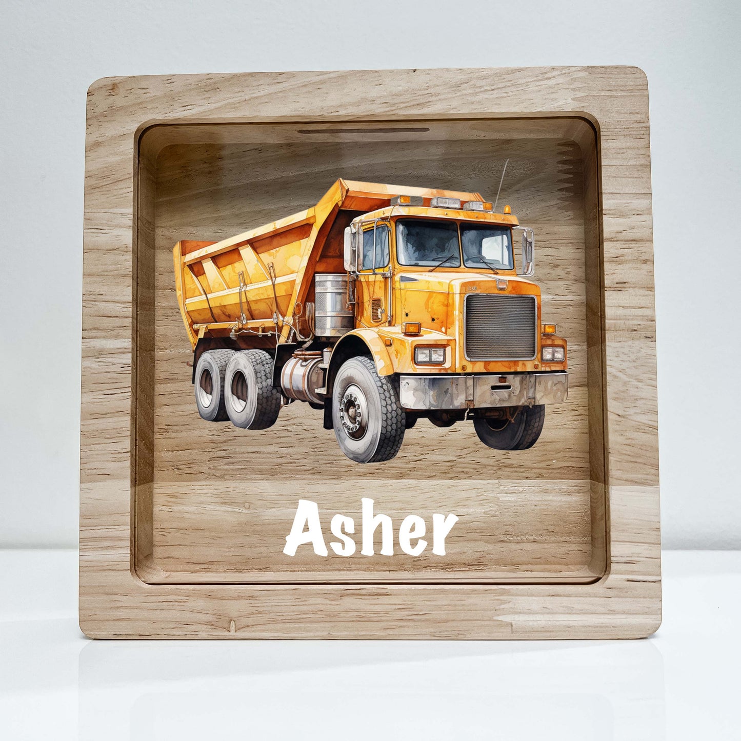 Personalized Savings In Style Piggy Bank Boys Custom Name Money Box Construction Dump Truck Dumping Trailer Heavy Duty Equipment Themed Gift