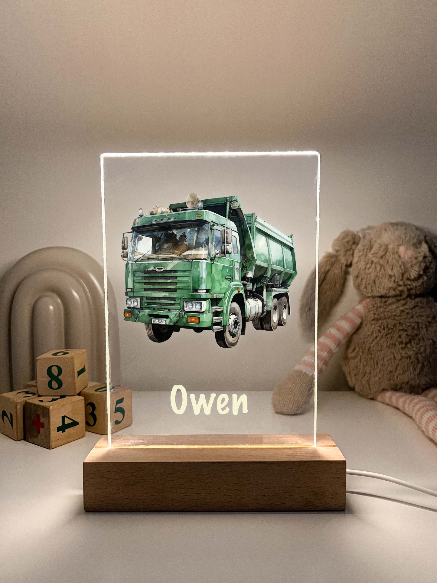 Personalized Boys Garage Truck LED Lamp with Wooden LED Stand, Sanitation Garbage Trash Truck Dumping Trailer Heavy Duty Equipment Themed Gift