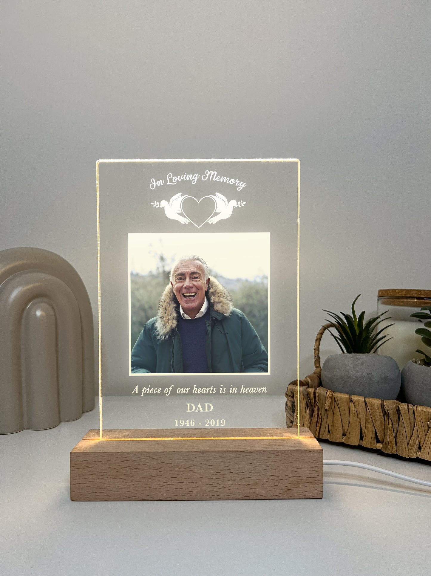 Personalized Unique Sympathy Gifts with Wooden Stand, For Loss Custom In Loving Memory Loved One Light Up Picture Frame Photo & Text Memorial Plaque Night Lamp