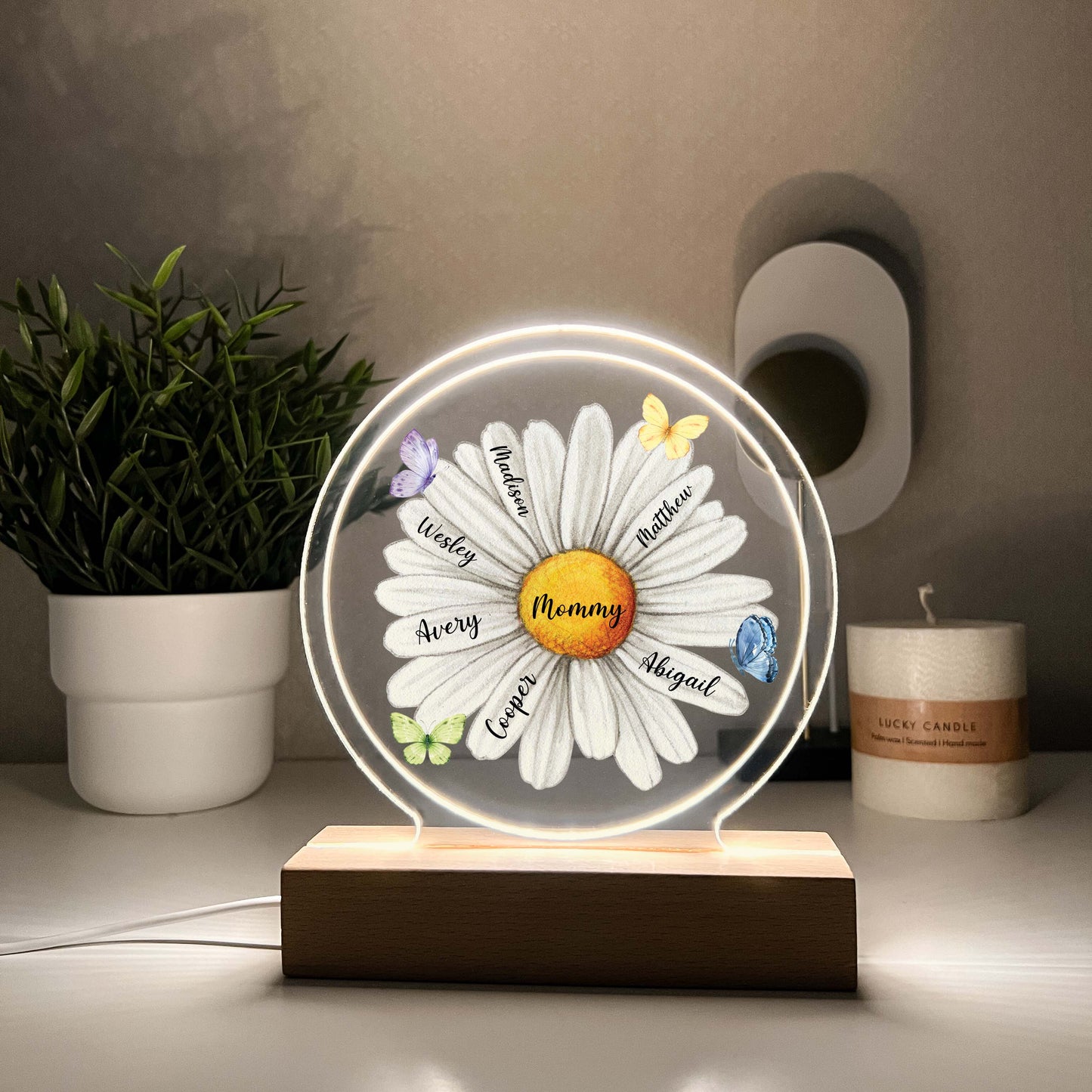 Custom LED Wood Stand Personalized Daisy Blossom Night Light Up Lamp for Moms, Mommy Mama & Grandmas Nana Mema - Children's Name on Pedals