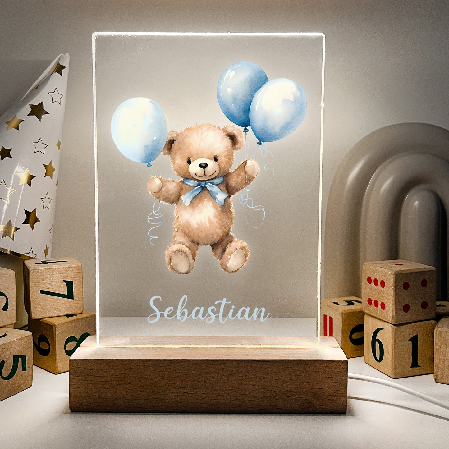 Personalized Cute Baby Blue Bear with Balloons Night LED Lamp For Kids Room, Cute Baby Gift, Custom Girls Boys Night Light, Nursery Decor, Night Light Gift, not arched