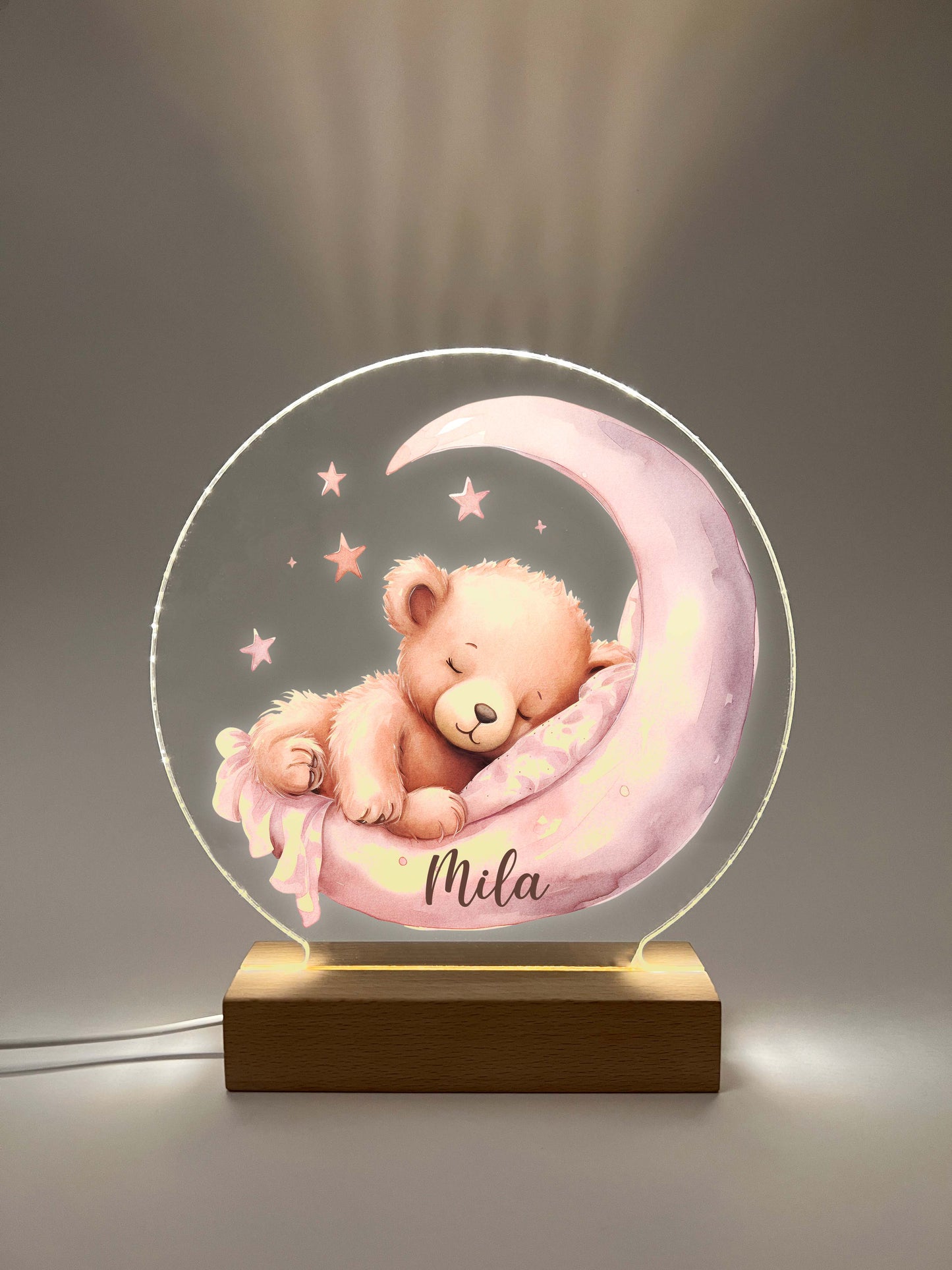 Personalized Cute Baby Pink Sleeping Bear Night LED Lamp For Kids Room, Cute Baby Gift, Custom Girls Boys Night Light, Nursery Decor, Night Light Gift, not arched