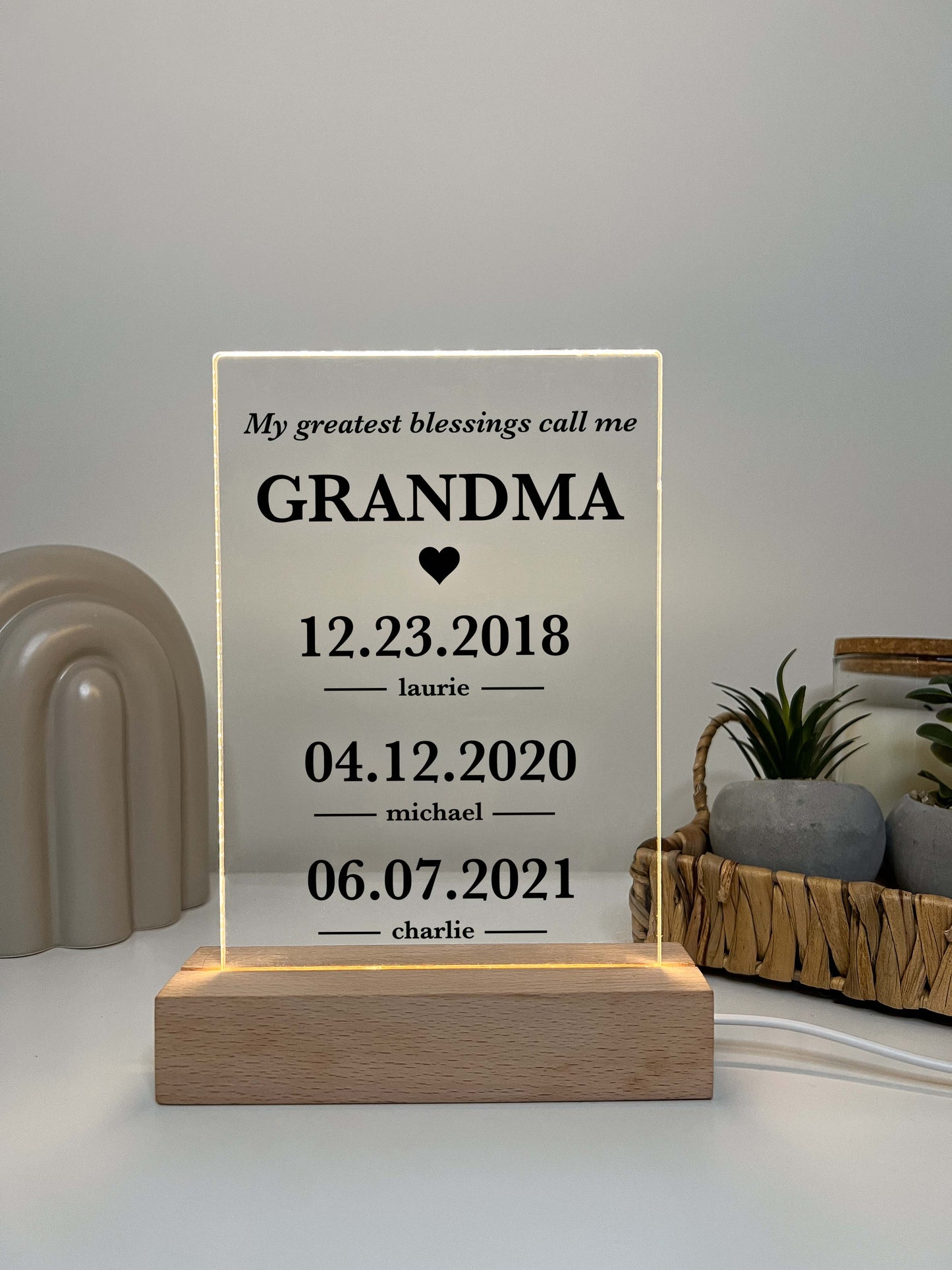 Custom Frame Personalized LED Night Lamp with Wooden Base, Gifts for Her, Dates, My Greatest Blessings Call Me Mom, Mommy Best Mother Day Gift With Children's Name & DOB