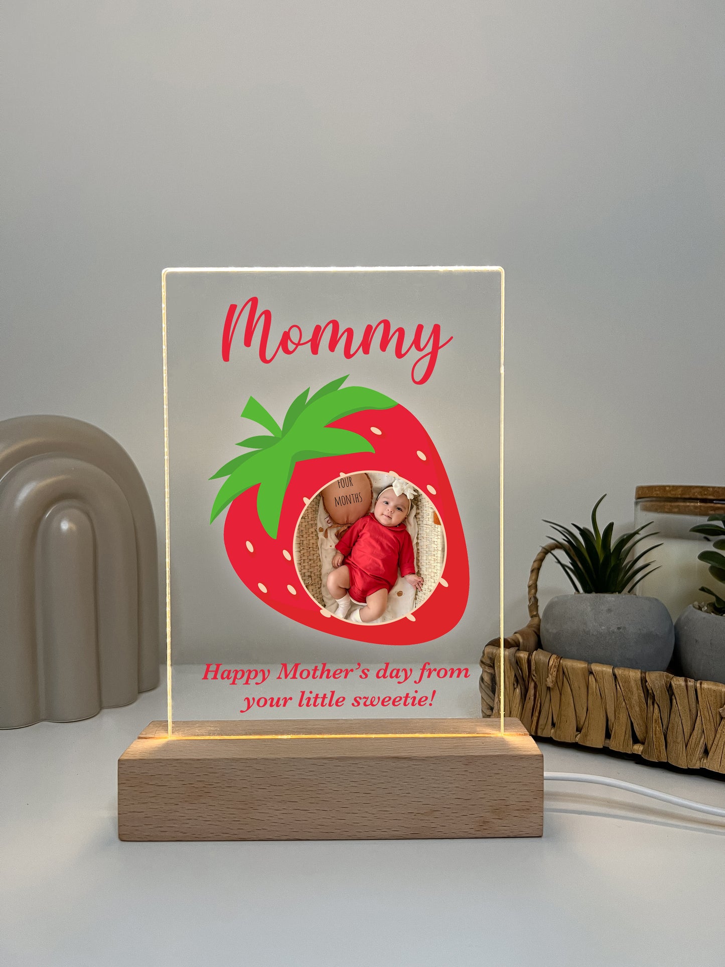 Photo Picture LED Wood Stand Strawberry Night Light Up Table Lamp Mom, Mommy, Mother's Day With Your Love Message Personalized Gift