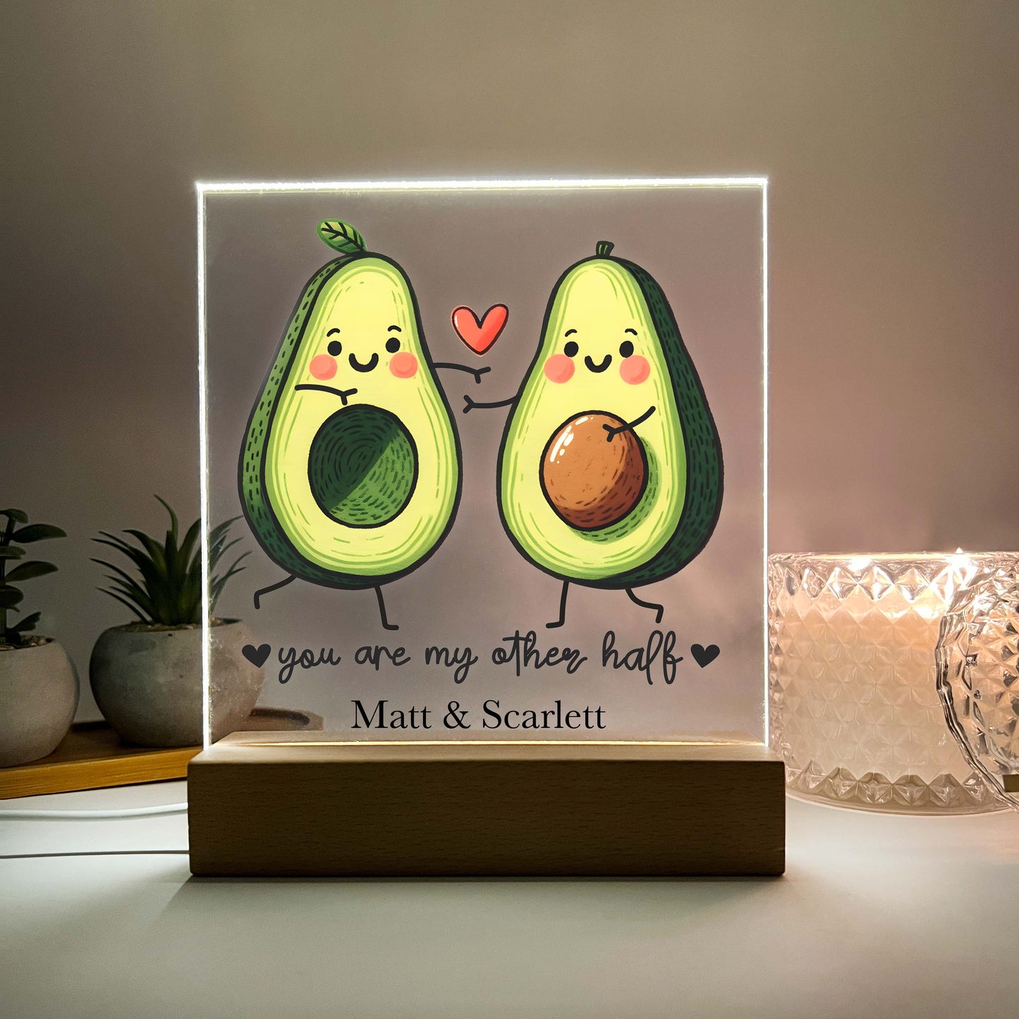 Personalized You Are My Other Half Avocado Desk Stand Light Up LED Lamp with Wooden Base, Valentines Gift, Couples Gift, Gift for her, Anniversary Gift