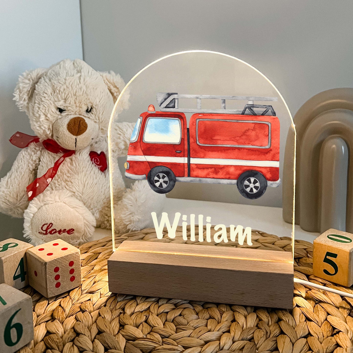 Personalized Custom Fire Engine Truck Firefighter Night Light Up LED Lamp For Kids Room, Nursery Gift, Bedroom Decor, Boys Night Light