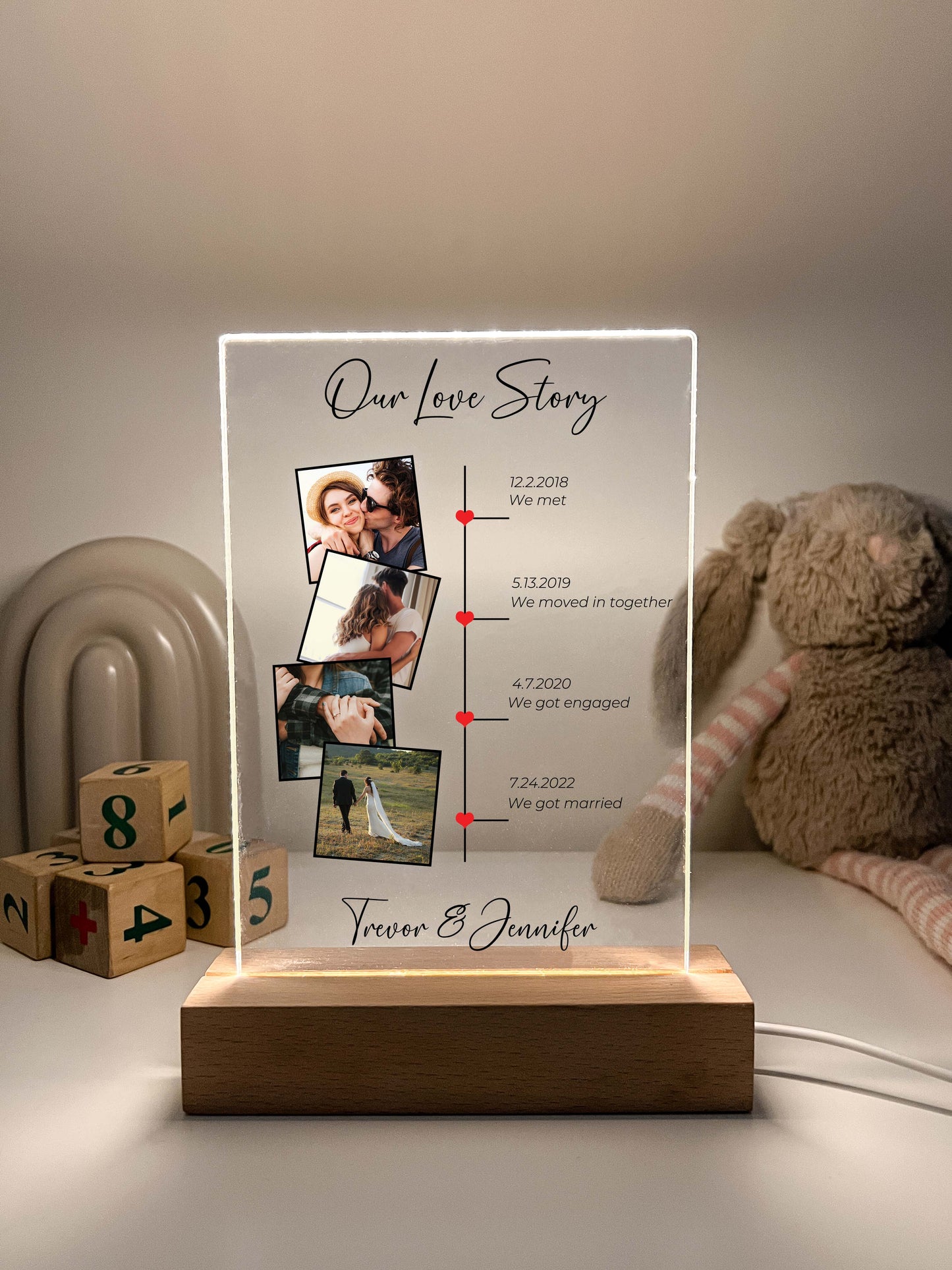 Our Love Story Personalized Photo Stand Light LED Lamp with Wooden Base