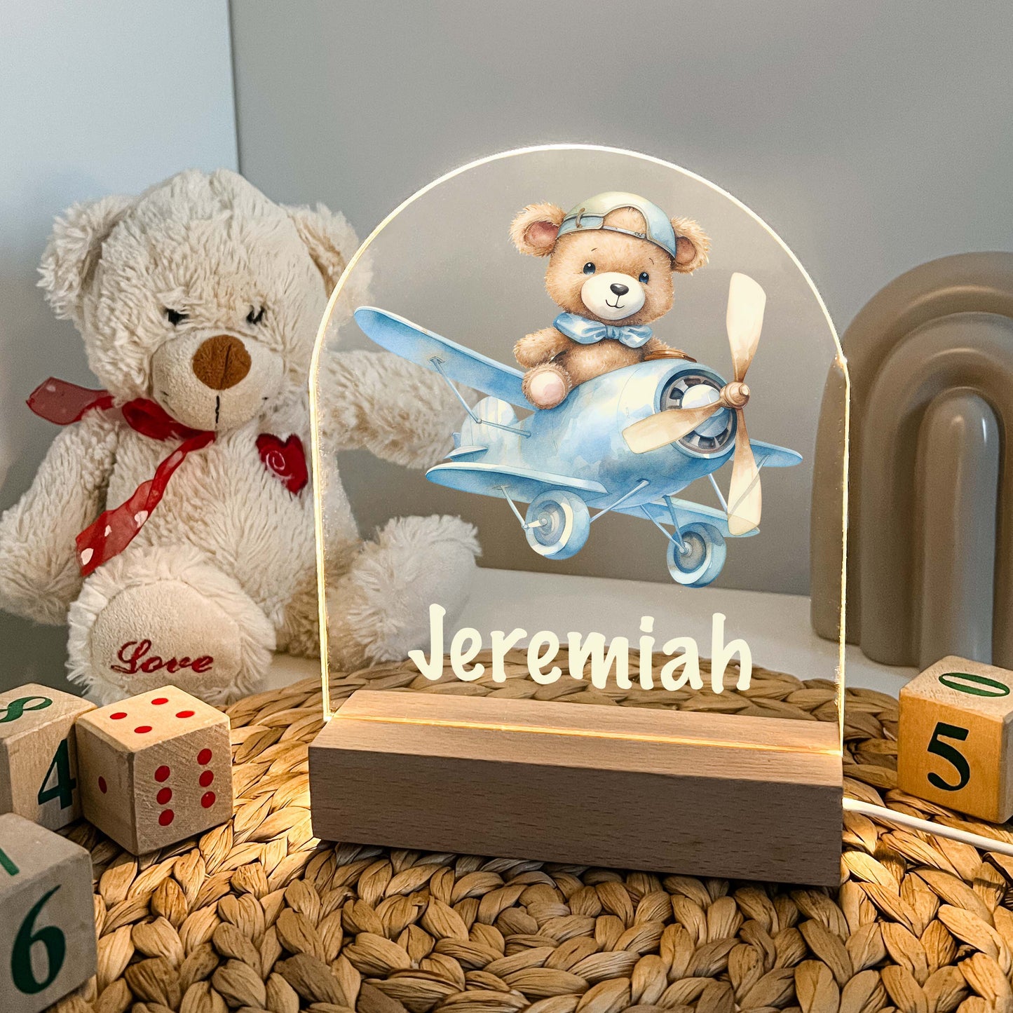 Personalized Cute Baby Bear with Airplane Night LED Lamp For Kids Room, Cute Baby Gift, Custom Girls Boys Night Light, Nursery Decor, Night Light Gift