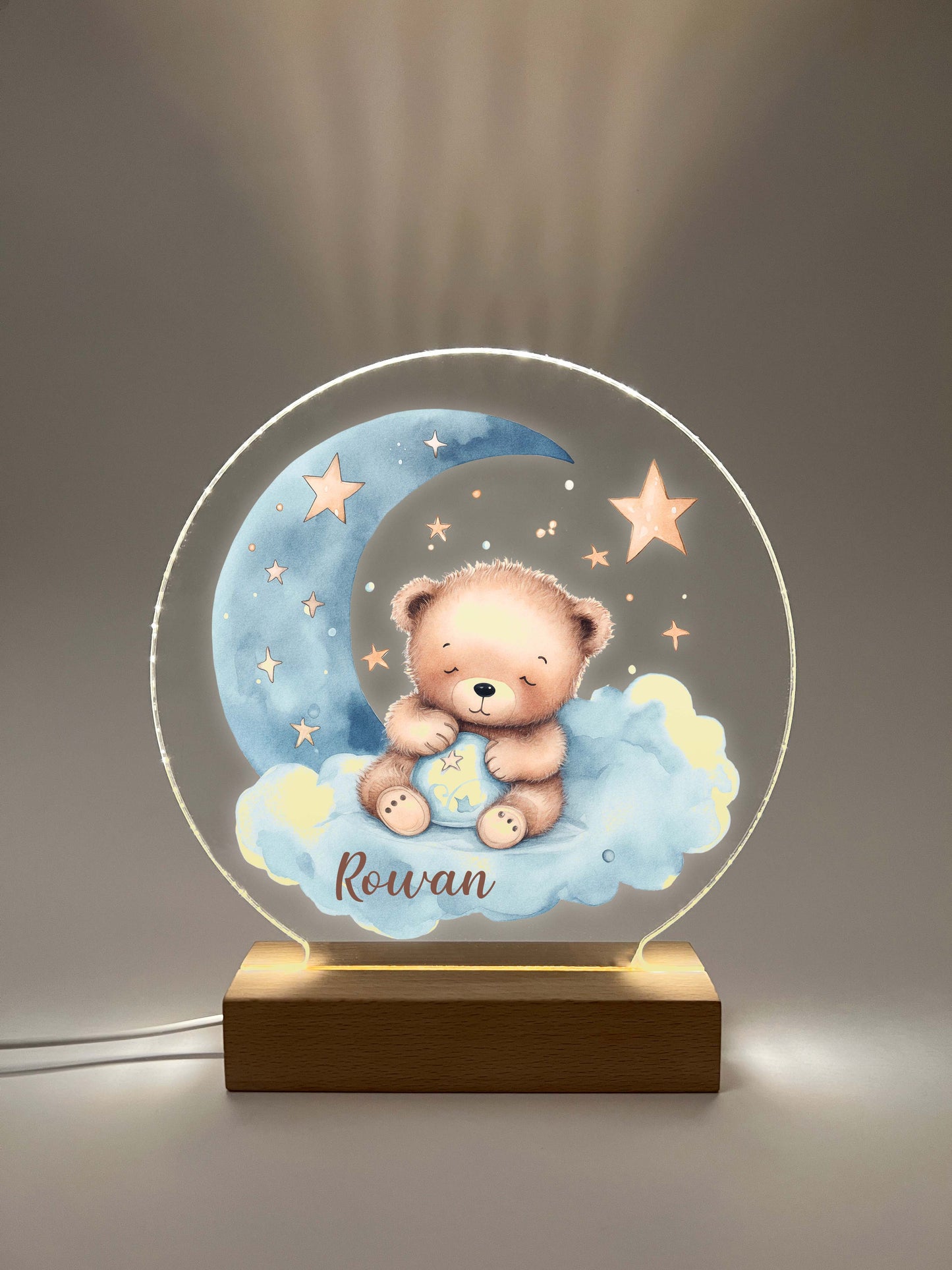 Personalized Cute Baby Blue Sleeping Bear Night LED Lamp For Kids Room, Cute Baby Gift, Custom Girls Boys Night Light, Nursery Decor, Night Light Gift, not arched