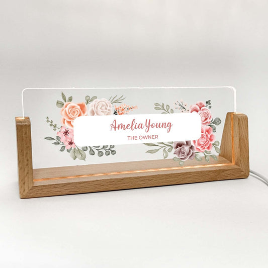 Personalized Desk Name Plate With Wooden Base, orange and red and pink flowers, Lighted LED Light Nameplate, Desk Accessories, Office Gifts for Boss Coworkers, New Job Gifts