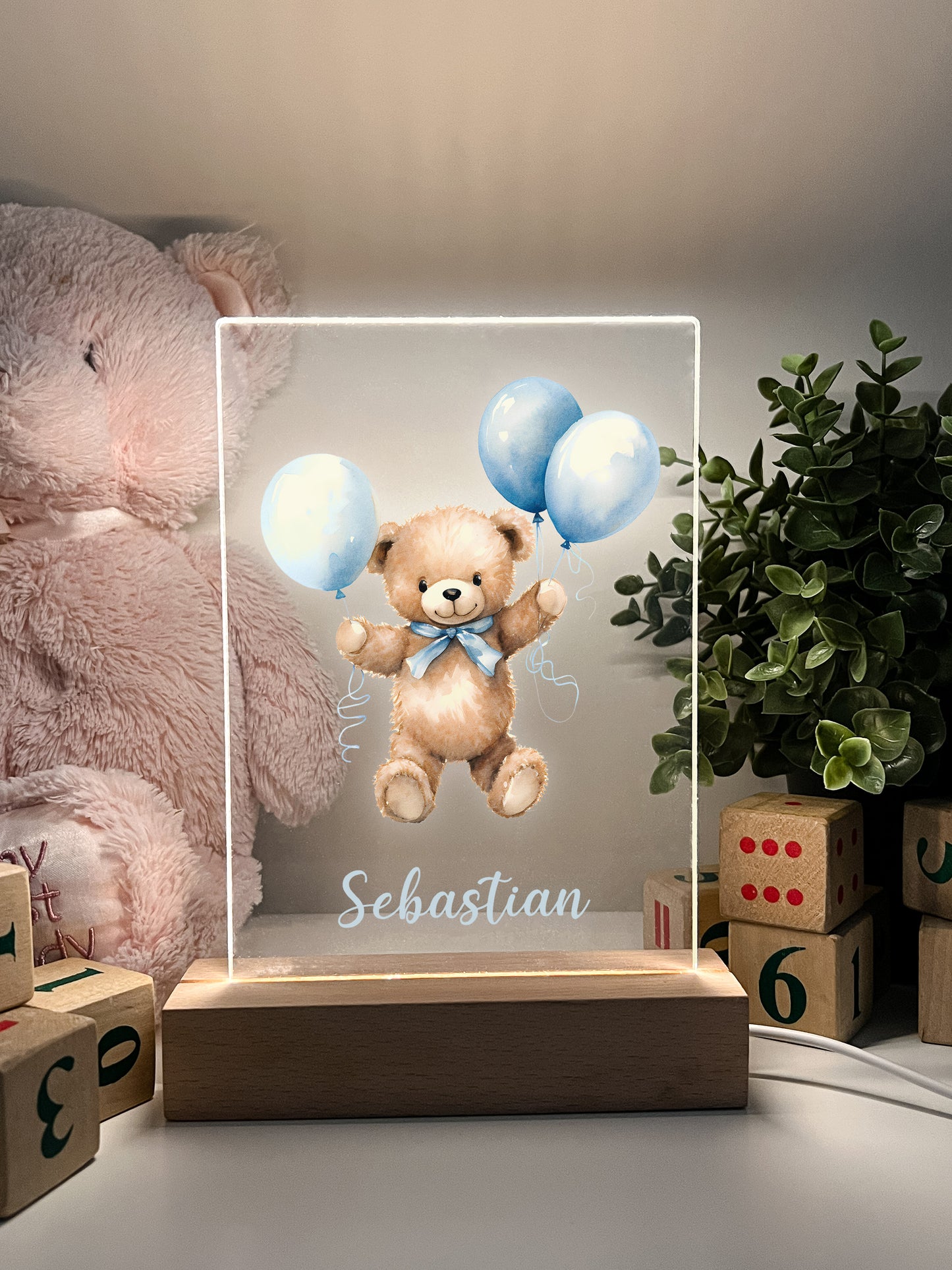 Personalized Cute Baby Blue Bear with Balloons Night LED Lamp For Kids Room, Cute Baby Gift, Custom Girls Boys Night Light, Nursery Decor, Night Light Gift, not arched