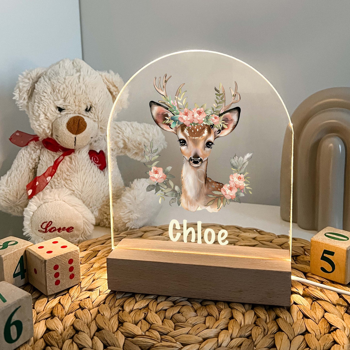 Deer LED lamp with wooden base, flowers and animals, personalized gift, Friends Night LED Lamp For Kids Room, Baby Gift, Girls Boys Night Light, Bedroom Decor, Night Light Gift