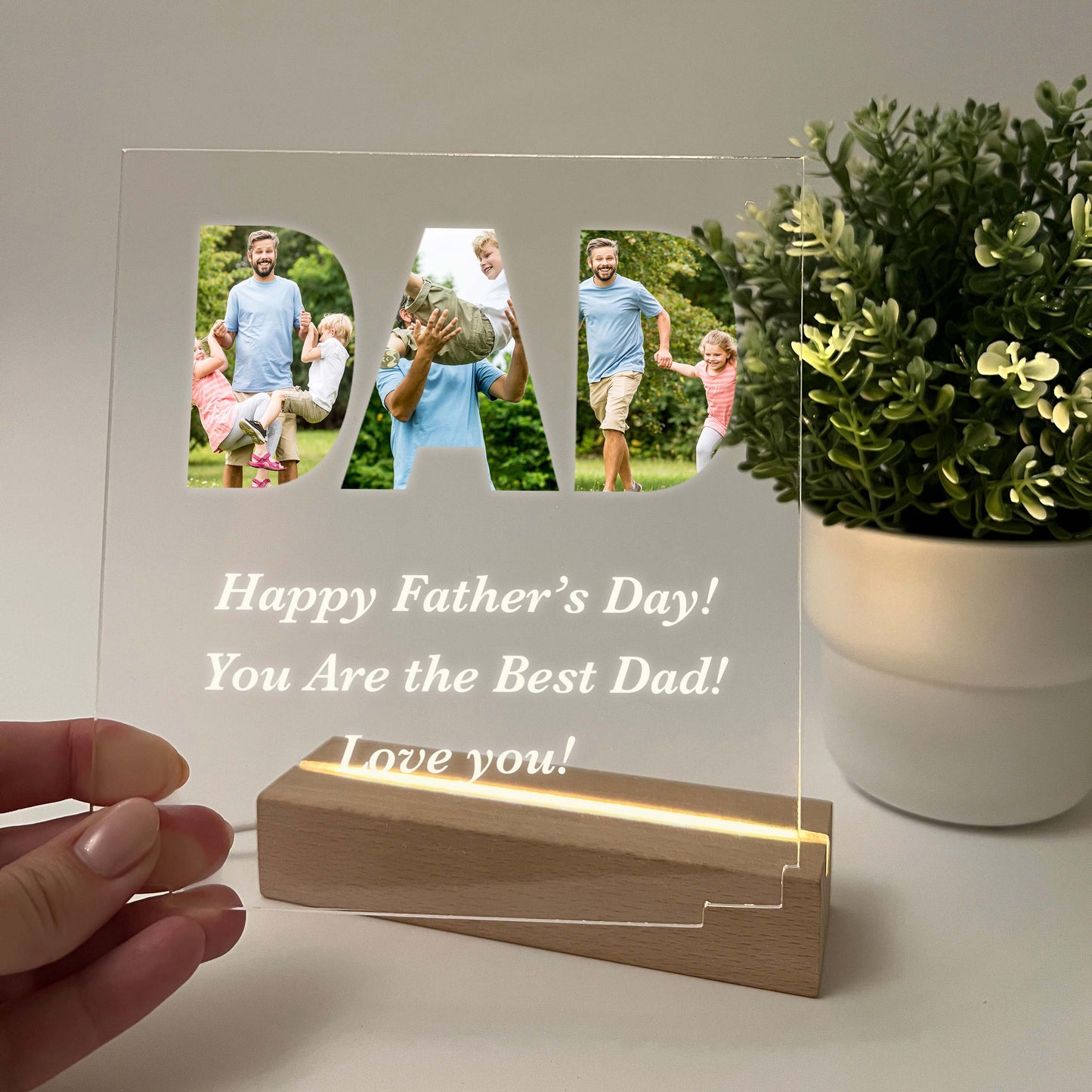 Personalized Happy Father's Day Gift, LED lamp with Wooden Stand, Custom Picture Frame, Father Daughter Photo Gift, Fathers Day Gift From Daughter, Gift For Dad, LED Light Up