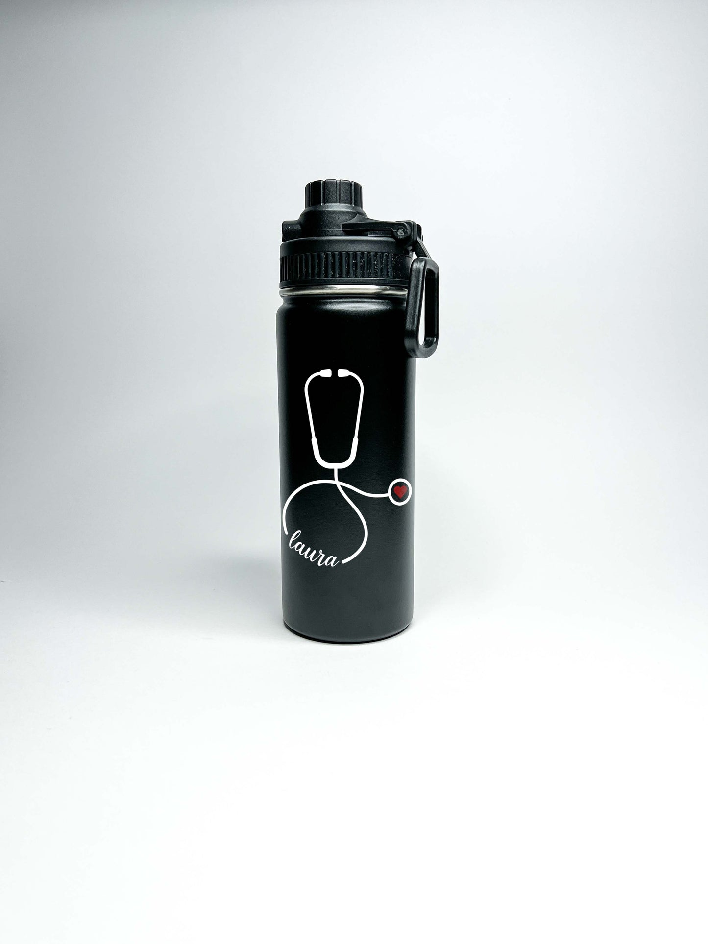 Doctor or Nurse Sports Water Bottle 18/32 oz Stainless Steel Insulated Flasks, Custom Water Bottle, Name Bottle, Stethoscope Keeps Cold 24 Hrs