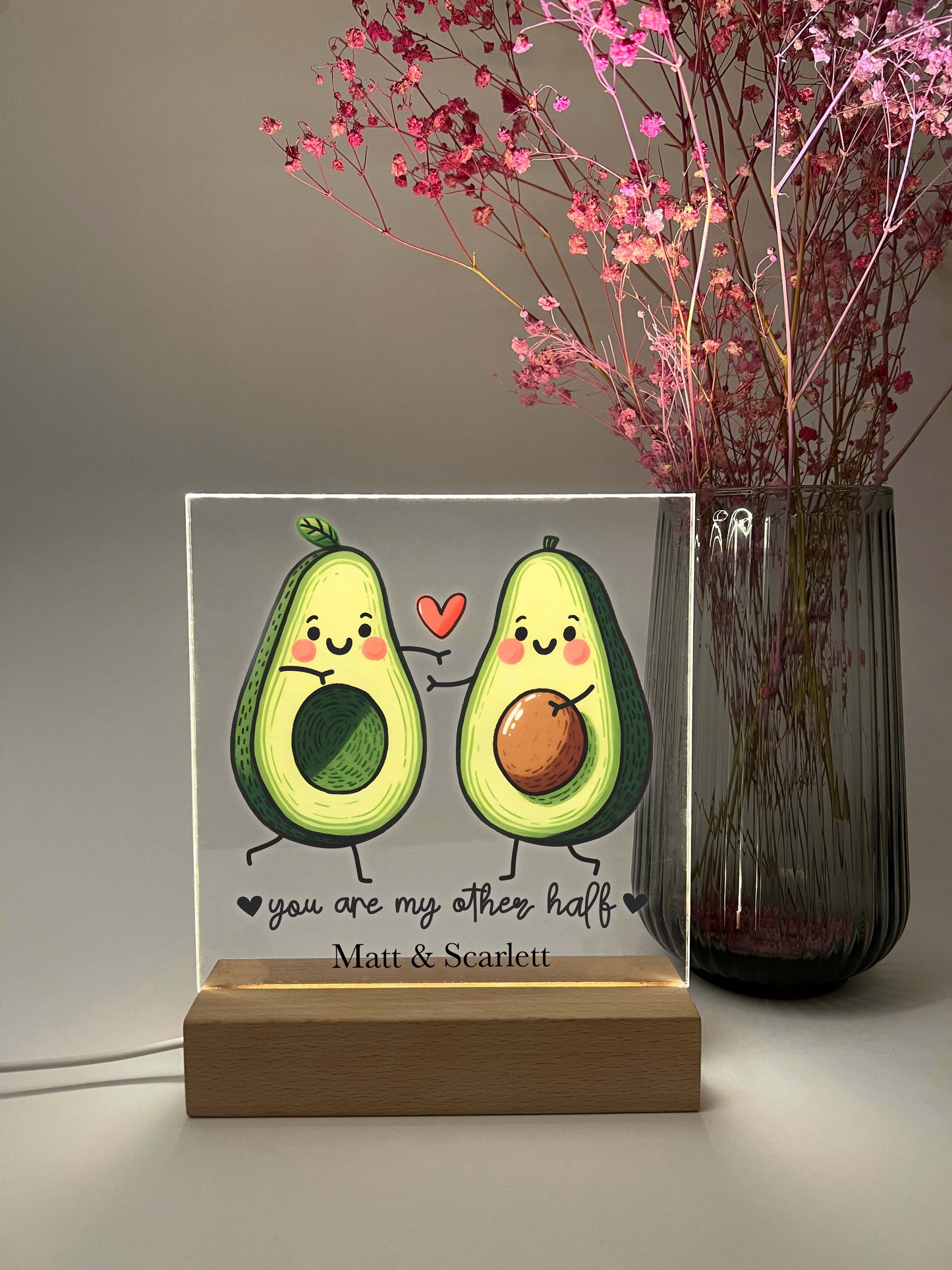 Personalized You Are My Other Half Avocado Desk Stand Light Up LED Lamp with Wooden Base, Valentines Gift, Couples Gift, Gift for her, Anniversary Gift