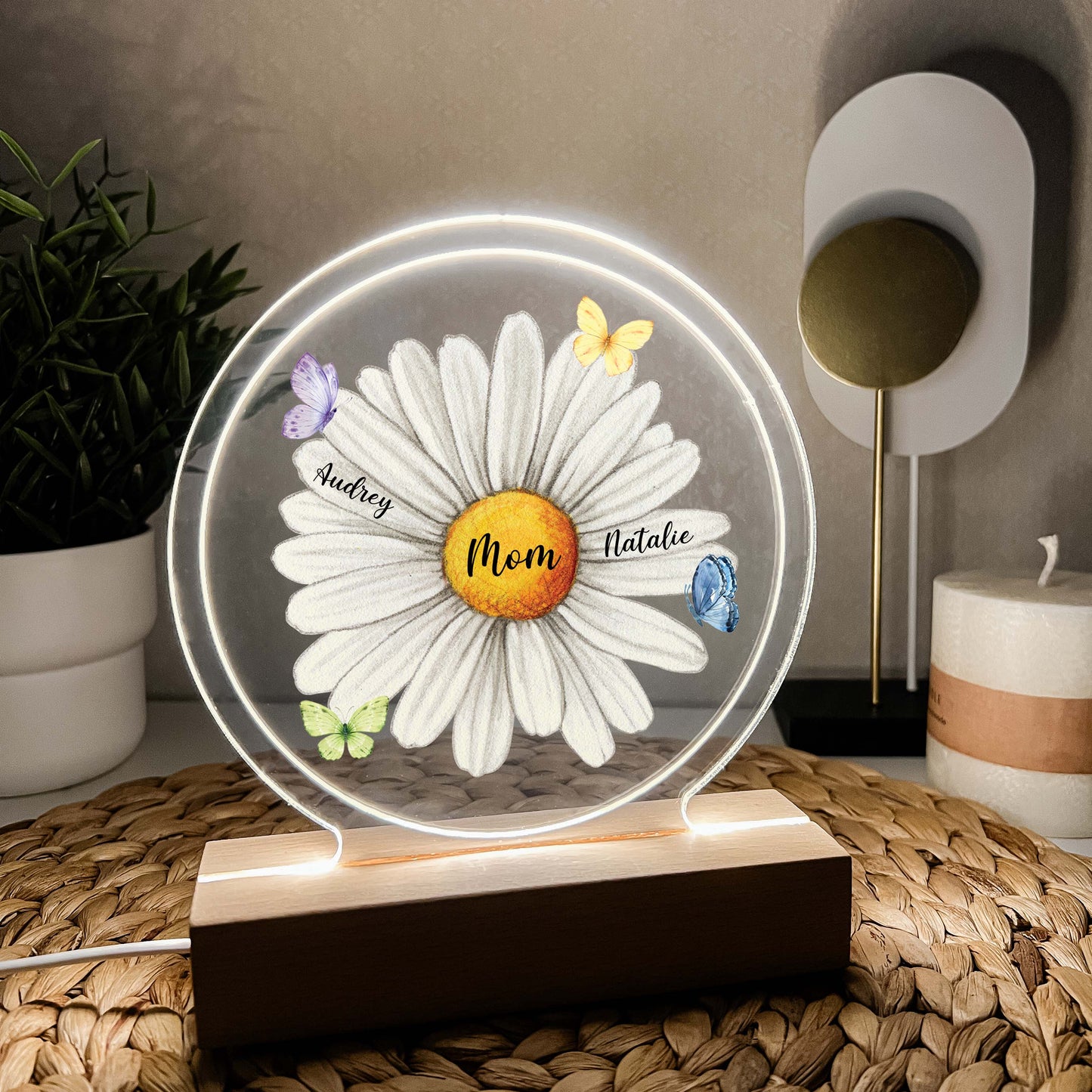 Custom LED Wood Stand Personalized Daisy Blossom Night Light Up Lamp for Moms, Mommy Mama & Grandmas Nana Mema - Children's Name on Pedals