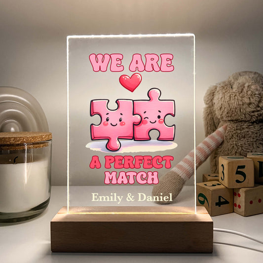 Personalized Love Puzzle Piece Perfect Match Desk Stand Light Up LED Lamp with Wooden Base, Valentines Gift, Couples gift, Gift for her, Anniversary Gift