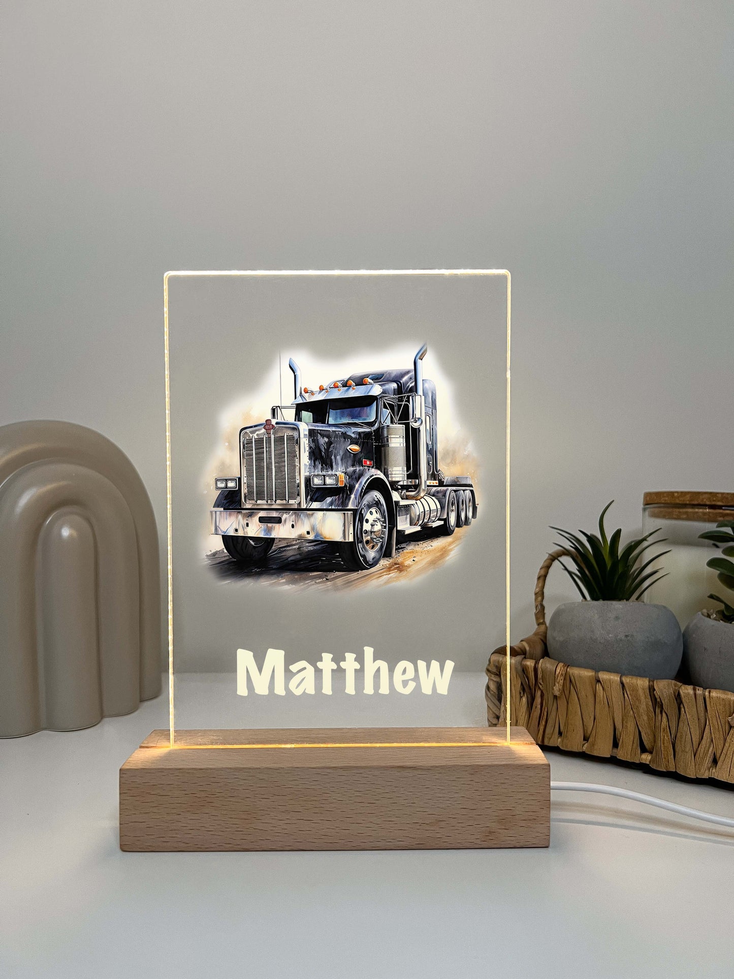 Personalized LED Wood Stand Night Light Up Table Lamp Boys Room Decor Heavy Duty Semi Truck Tractor Trailer, 18 Wheeler, Trucker's Best Gift