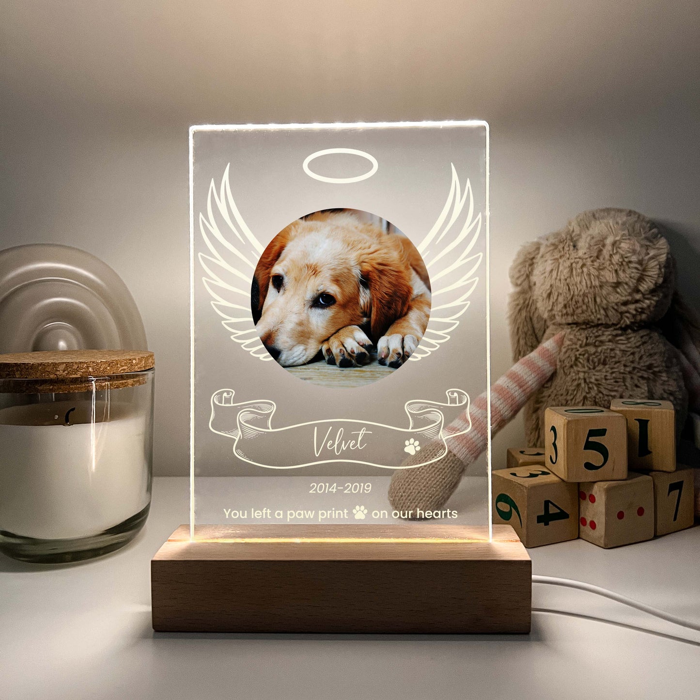 Pet Memorial Angel Wings Night Light with Wooden Base, Custom Pet Plaque, Pet Night Light, Custom Pet Photo, Pet Memorial Frame, Gifts for Pets, Cat Dog Loss Gift