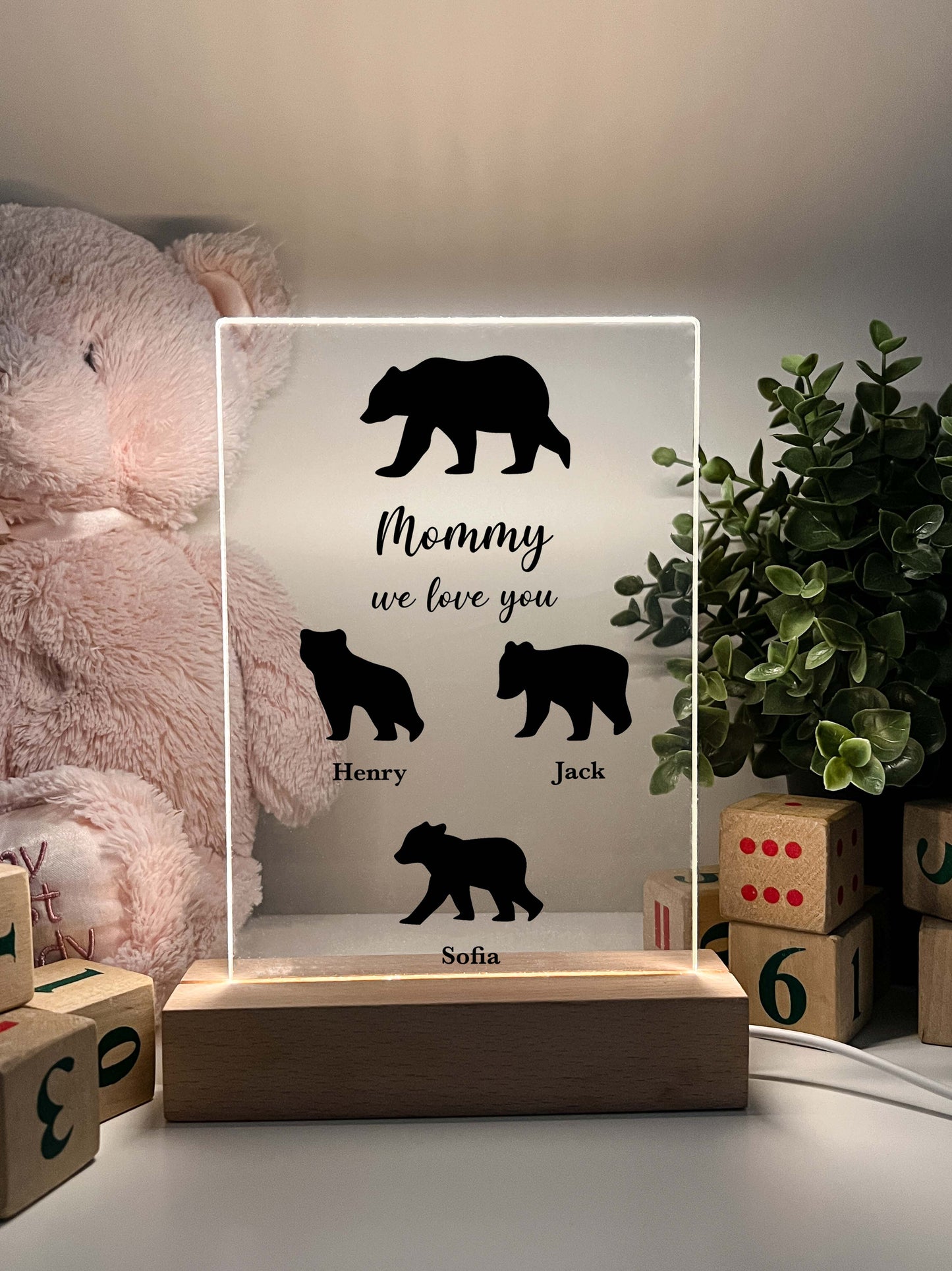 Family Bears LED Night Light Up Table Lamp with Wooden Desk, Gift for Parents & Grandparents, Family Keepsake Gift, Family Christmas Gifts