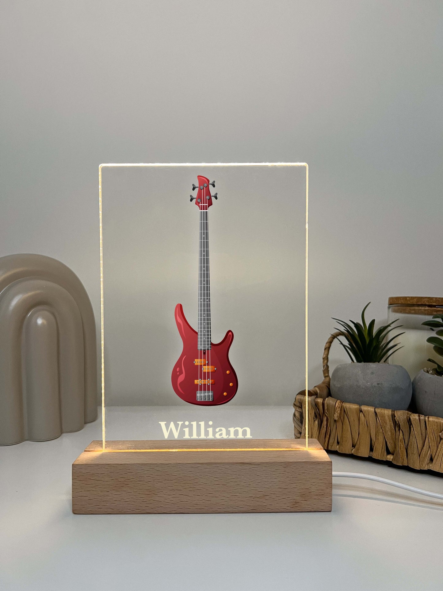 Custom Base Guitar LED Night Light Desk Table Lamp with Wooden Stand Gift for Musicians, Personalized Base Guitar Lamp, Gift for Guitarist, Personalized Free