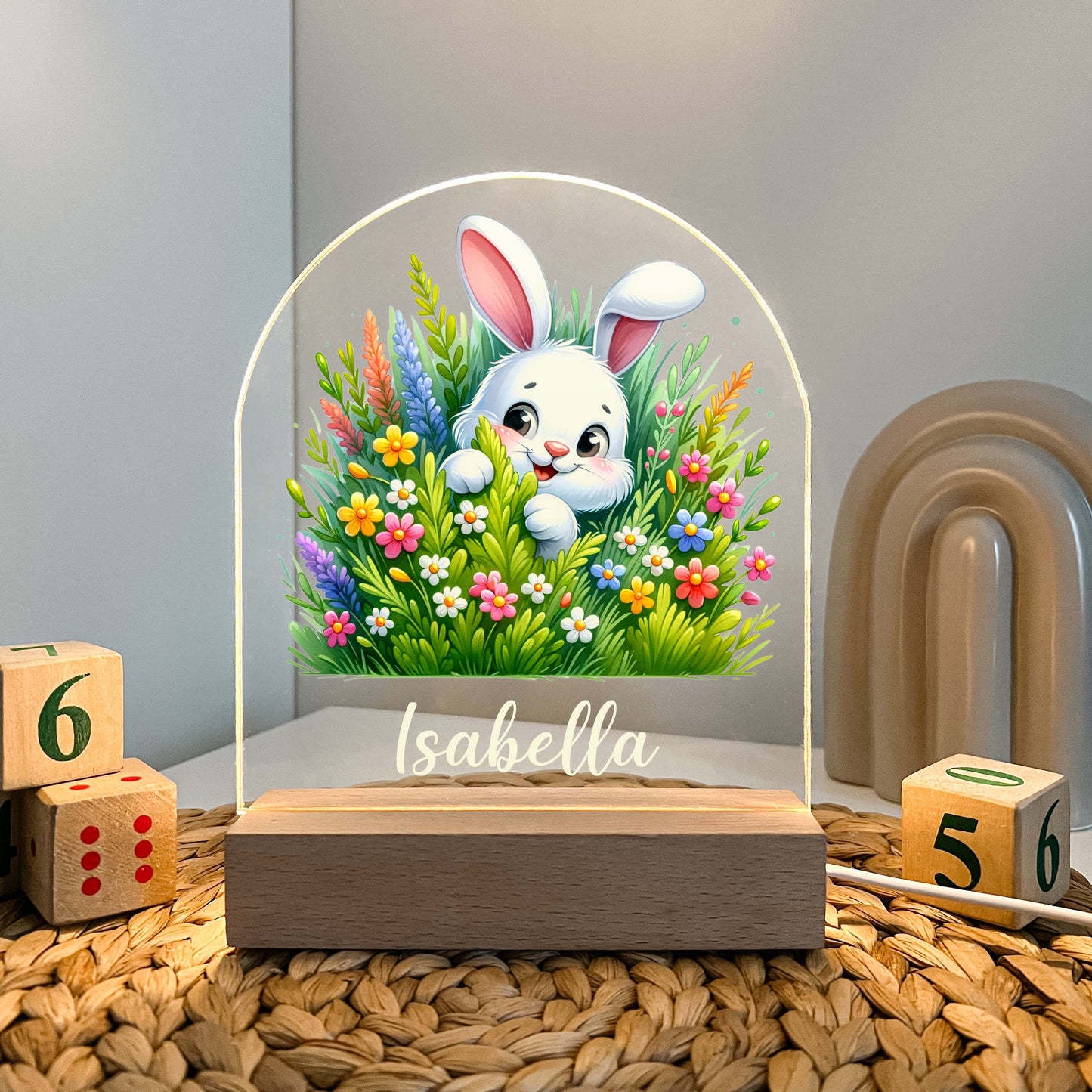 Too Cute To Resist Bunny Rabbit Night Light Up Table Lamp Wood Base LED Personalized Kids Childs Room Gift, Bedroom Decor, Boys Night Light