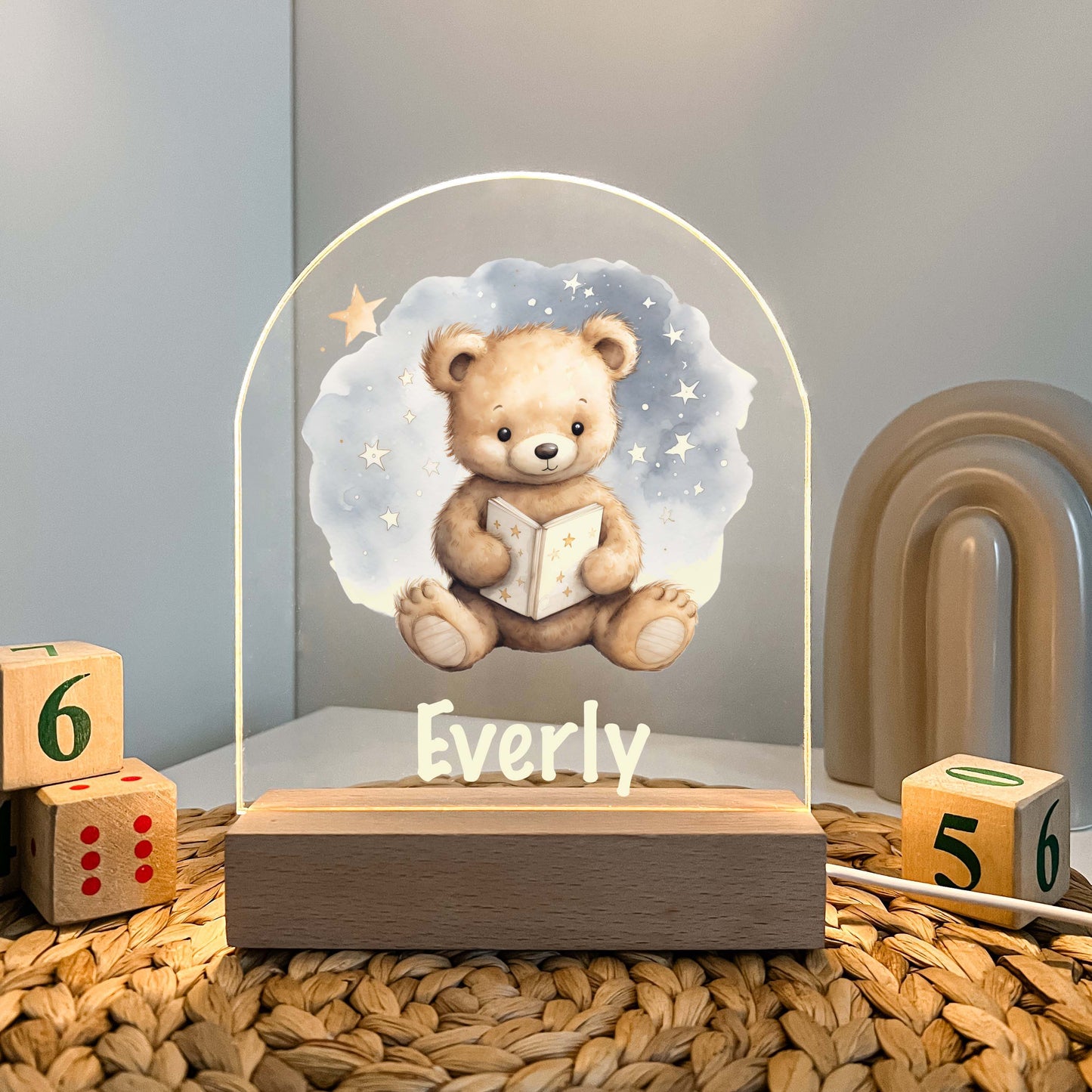 Personalized Teddy Bear Bedtime Book Story Night LED Lamp For Kids Room Baby Nursery Gift, Girls Boys Night Light, Bedroom Decor