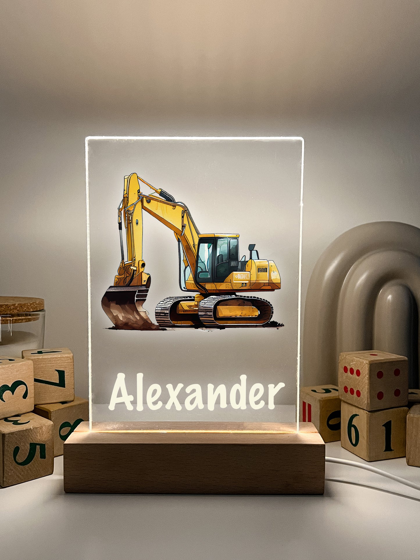 Personalized Excavator LED Light Up Desk Lamp Wood Stand