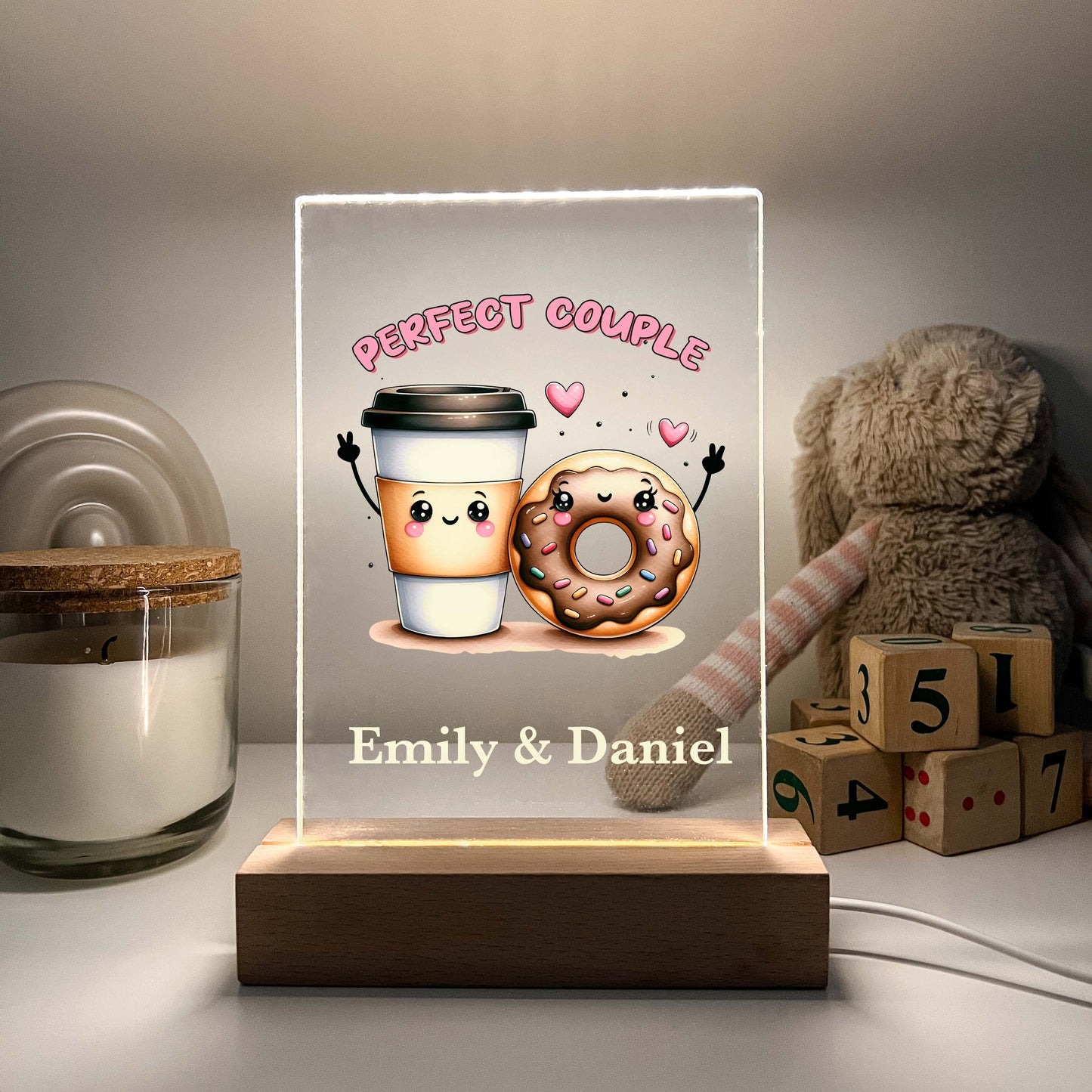 Personalized Coffee & Doughnut Perfect Match Desk Stand Light Up LED Lamp with Wooden Stand, Valentines Gift, Couples gift, Gift for her, Anniversary Gift