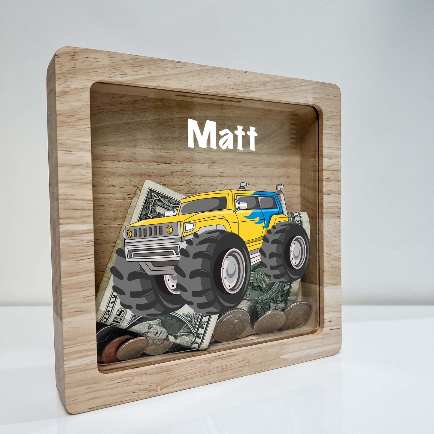 Personalized Savings Piggy Bank Boys Room Decor Custom Name Money Box Monster Jam Truck 4x4 Jumps & Stunts Heavy Duty Equipment Themed Gift