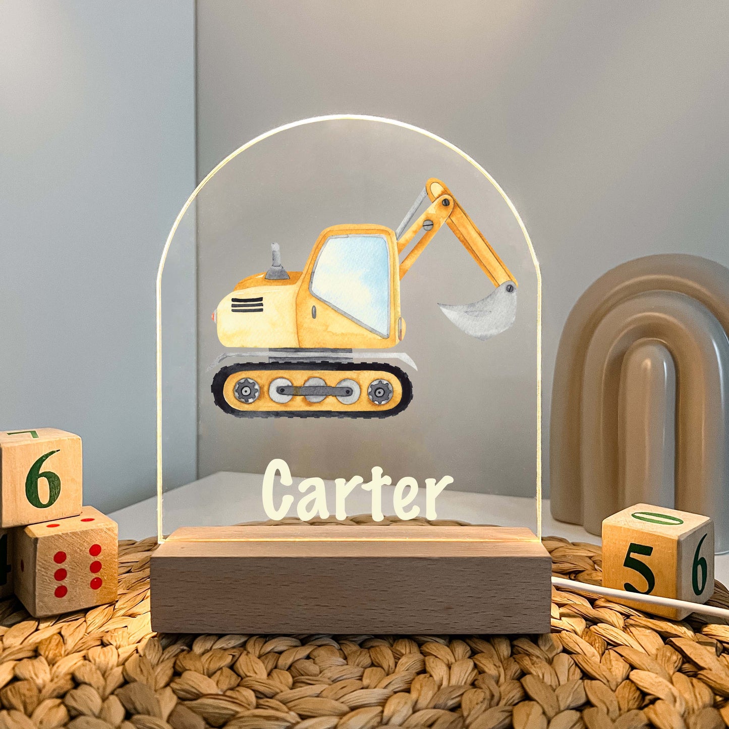 Custom Personalized LED Wood Stand Night Light Up Table Lamp Boys Room Decor Construction Excavator Bucket Truck Heavy Equipment Themed Gift