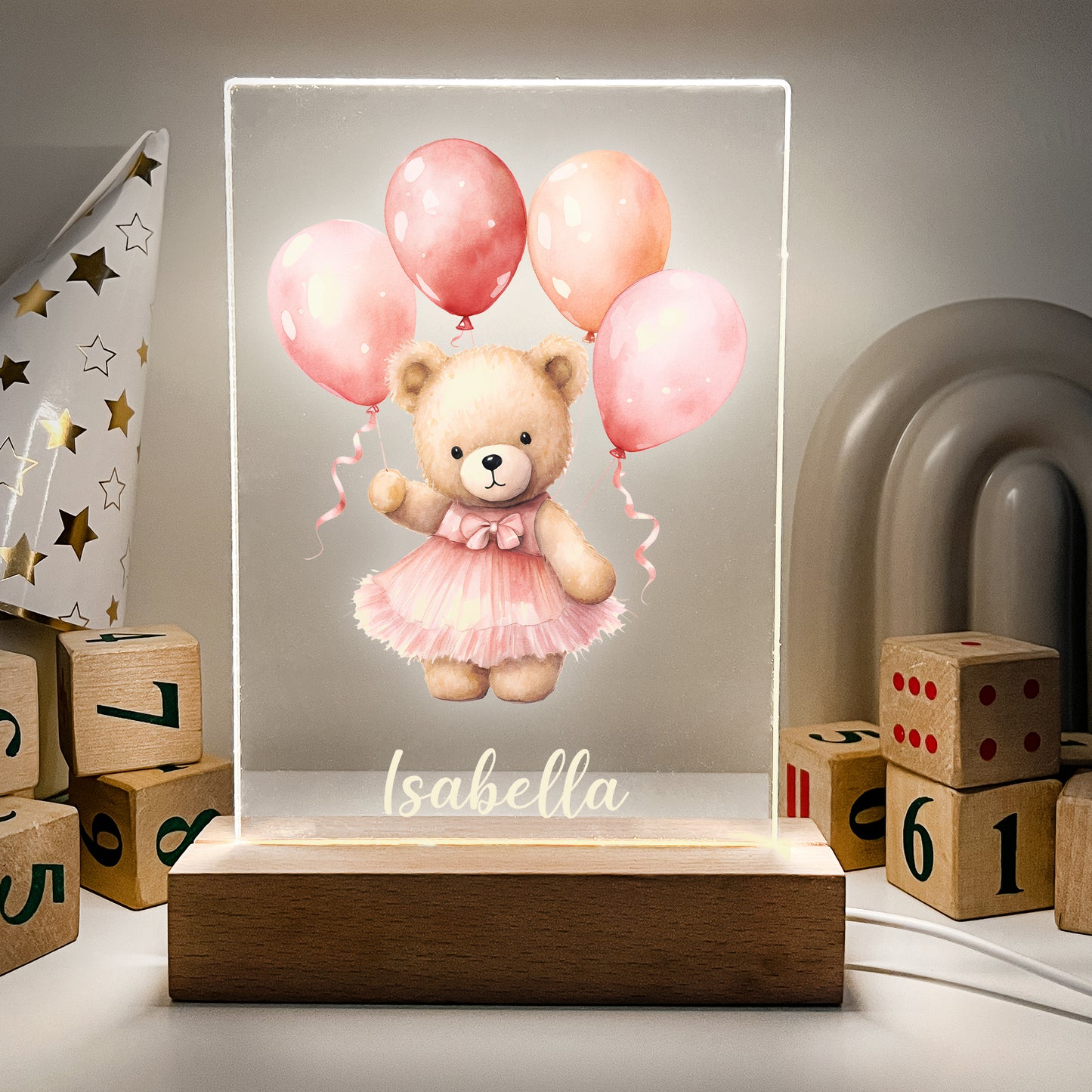 Personalized Cute Baby Pink Bear with Balloons Night LED Lamp For Kids Room, Cute Baby Gift, Custom Girls Boys Night Light, Nursery Decor, Night Light Gift, not arched