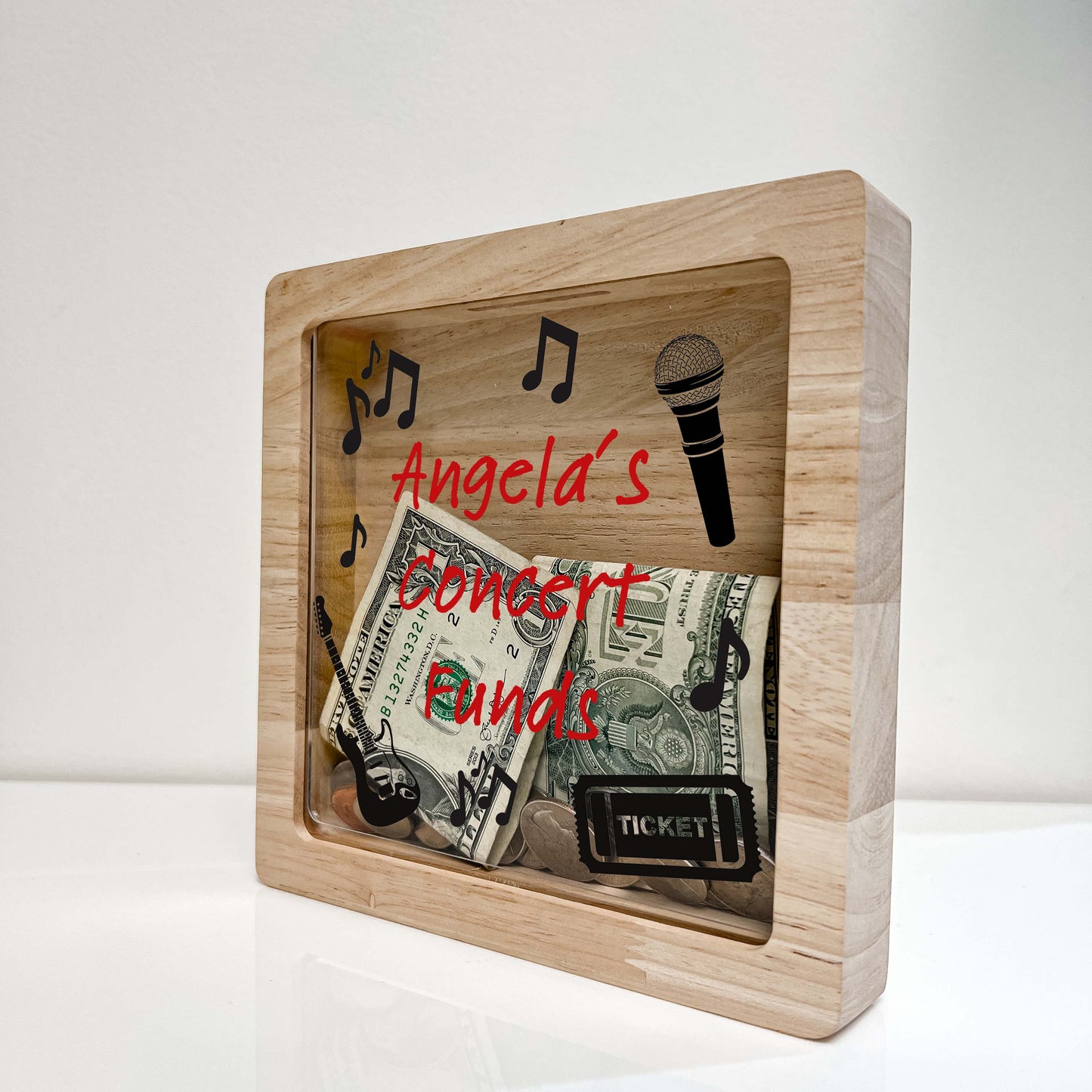 Concert Bank Shadow Box Personalized Adventure Memory Wooden Keepsake Bank Custom Musical Entertainment Fund Ticket Frame Collection Gift