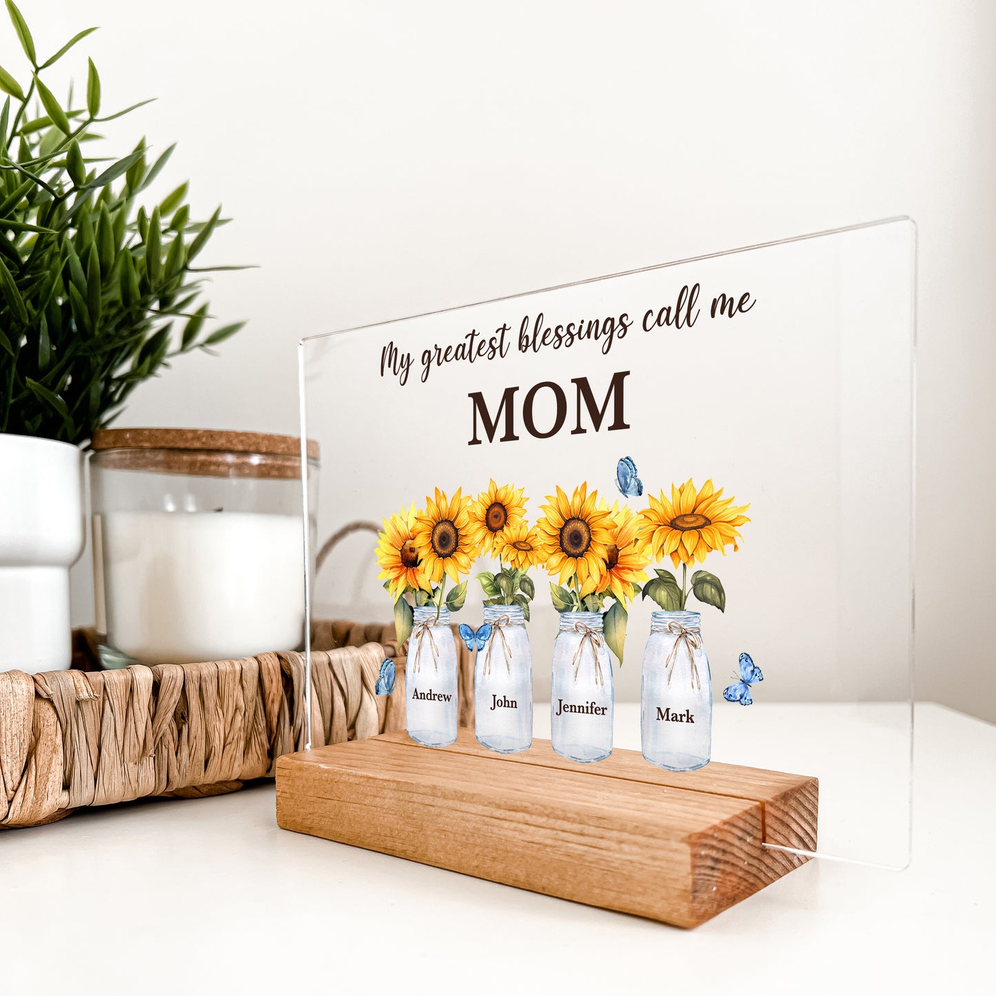 Custom Wood Stand Sunflower Personalized Gift, My Greatest Blessings Call Me Grandma, Nana Mema Children's Name & DOB