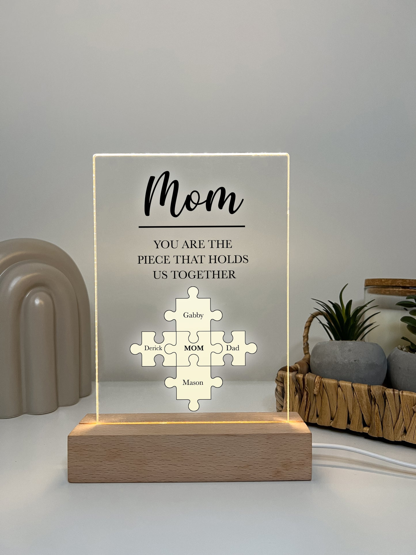 Personalized Custom LED Wood Stand Night Light Up Lamp Gifts For Mom Puzzle Piece You are the piece that holds us together & Children's Name