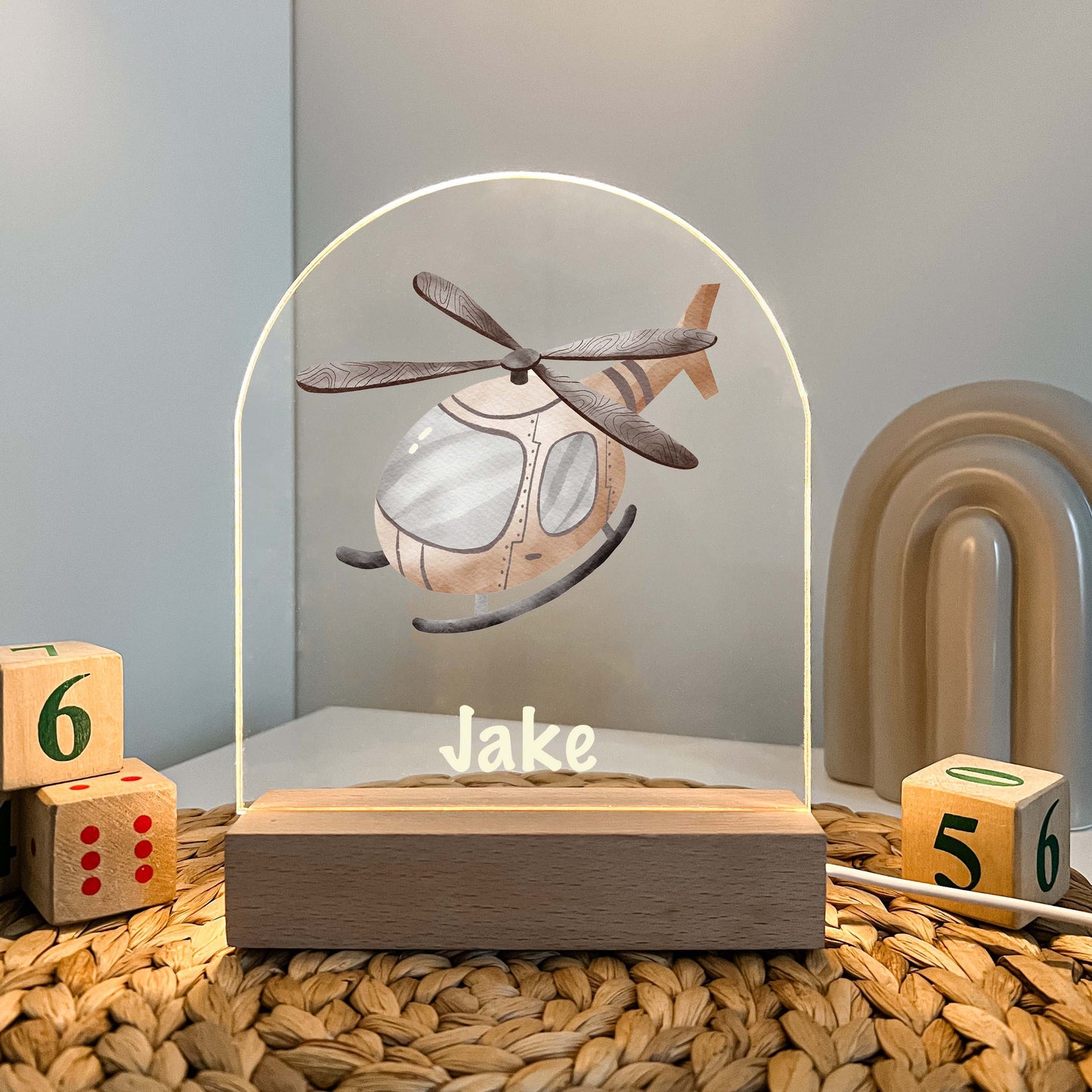 Helicopter LED Lamp with Wooden Base, Friends Night LED Lamp For Kids Room, Baby Gift, Girls Boys Night Light, Bedroom Decor, Night Light Gift