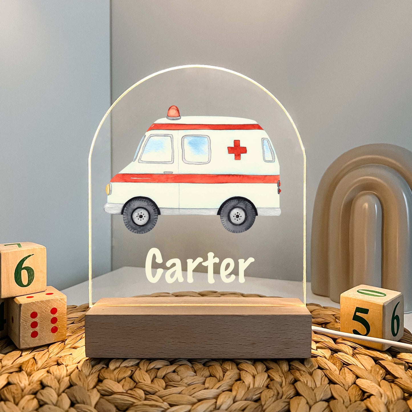 Personalized FREE Custom Ambulance Emergency Services Truck Night Light Up LED Lamp Kids Room, Nursery Gift, Bedroom Decor, Boys Night Light