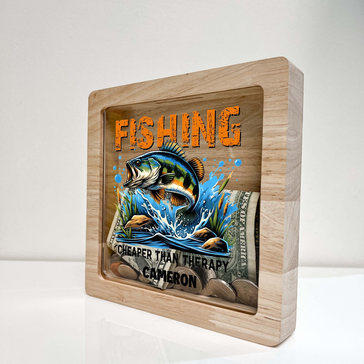 Personalized Savings Piggy Bank for Boys Custom Name Money Box Catching Fish Gone Fishing Cute Fishing Themed Nursery Toddler Boys Room Gift