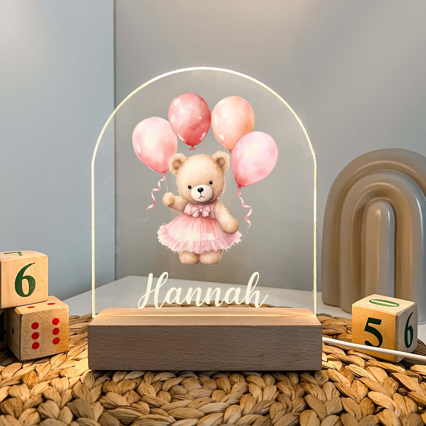 Personalized Cute Baby Pink Bear with Balloons Night LED Lamp For Kids Room, Cute Baby Gift, Custom Girls Boys Night Light, Nursery Decor, Night Light Gift